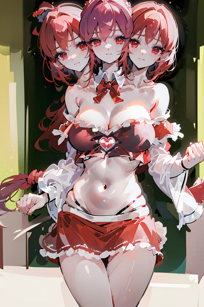 (masterpiece, best quality), best quality, (ultra-detailed), (3heads:1.5), 1girl, (Yumemi Okazaki:1.3), masterpiece, best quality, red top, crop top, ((stomach)), midriff, ((groin)), red skirt, normal ears, shackles, dark red hair, very long hair, wavy hair, sidelocks, red eyes, parted lips, single horn, sweat, cute, toned belly, hand on own chest, eyelashes, (24 year old woman:1.3), (masterpiece:1.5), (best quality:1.5), (beautiful detailed), extremely detailed CG, extremely delicate and beautiful, depth of field, (finely detailed face), (perfect details:1.2), (mature female:1.3), wide pelvis, slender, large veiny breast, 8k resolution, high quality, high definition, extremely detailed, masterpiece, dark red hair, long hair, alluring presence, braid, short skirt, close up, big tits, young,