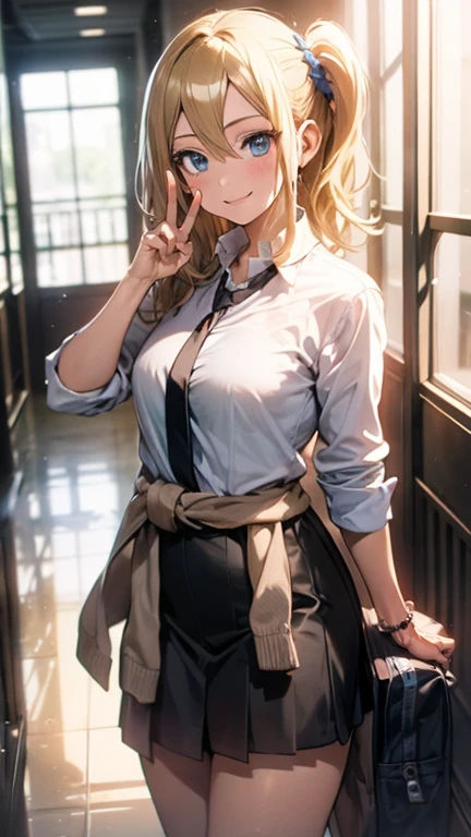 High resolution 8K, aihayasakav4, peace fingers, Anime style, Film Portrait Photography, smile, 1girl, solo, hayasaka ai, blue eyes, blonde hair, black school uniform, white shirt, cardigan around waist, blue scrunchie, standing, indoors, hallway, smile, (Natural skin texture Vibrant details, hyper realistic)