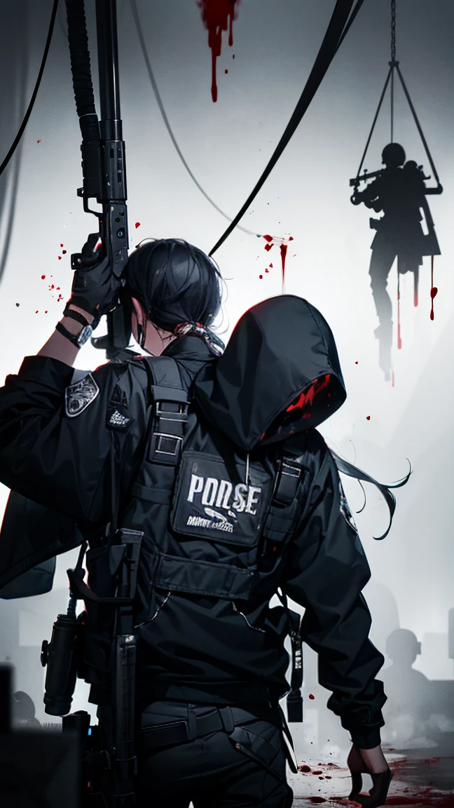 A person hanging with a black rope under the right, and there's a shooter aiming at them, also in black, against a eerie backdrop with splatters of blood, a grim setting resembling a deadly shooting, featuring a large pistol.