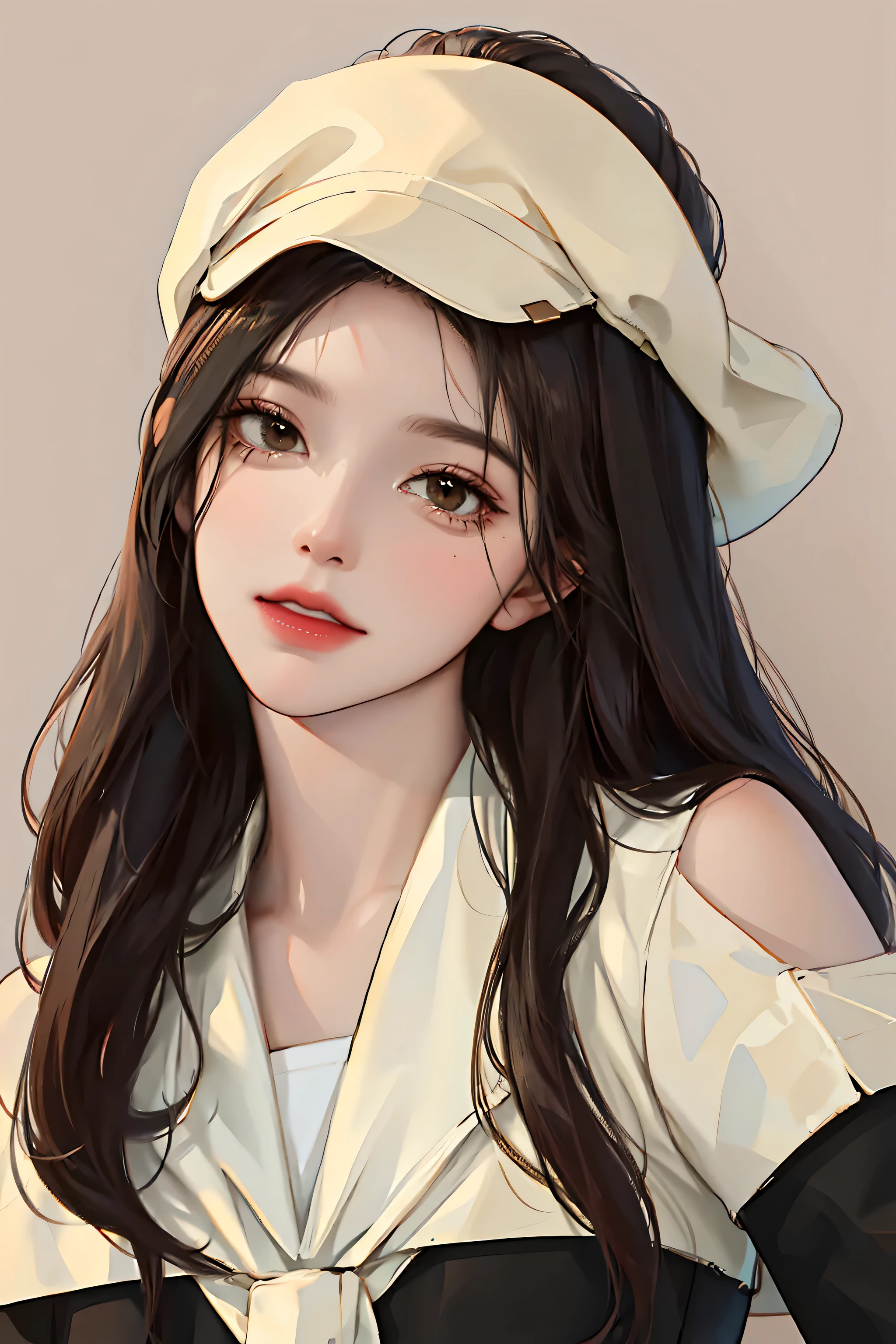 (highest resolution, distinct_image) The best quality, a woman, masterpiece, highly detailed, (semi-realistic), long black hair, long straight hair, black hair bangs, mature, cherry glossy lips, white background, close-up portrait, solid circle eyes, , beautiful face, fit body, brown eyes, wear Korean school uniform, high school student, wearing jewelry