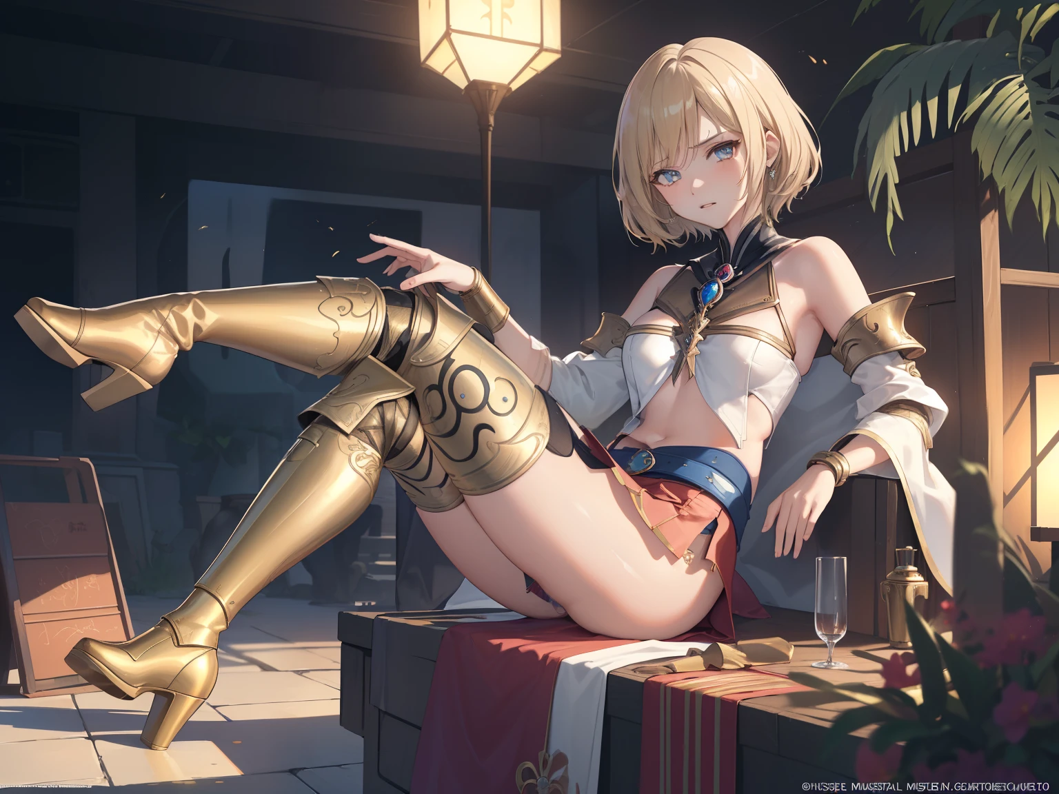 (golden ratio,muste piece, top quality, best quality, beautiful and aesthetic:1.2), very detailed, colorful,best details, (adult,19 years old,1 girl,solo,  Final Fantasy 12,Ashelia, short hair, short hair,Asheliaコスチューム, huge , mini skirt,thigh high boots, thighs, jewelry,Contemptuous look,Eyes like looking at garbage, sexy, erotic,  anime, ultra detailed, footjob,deride you