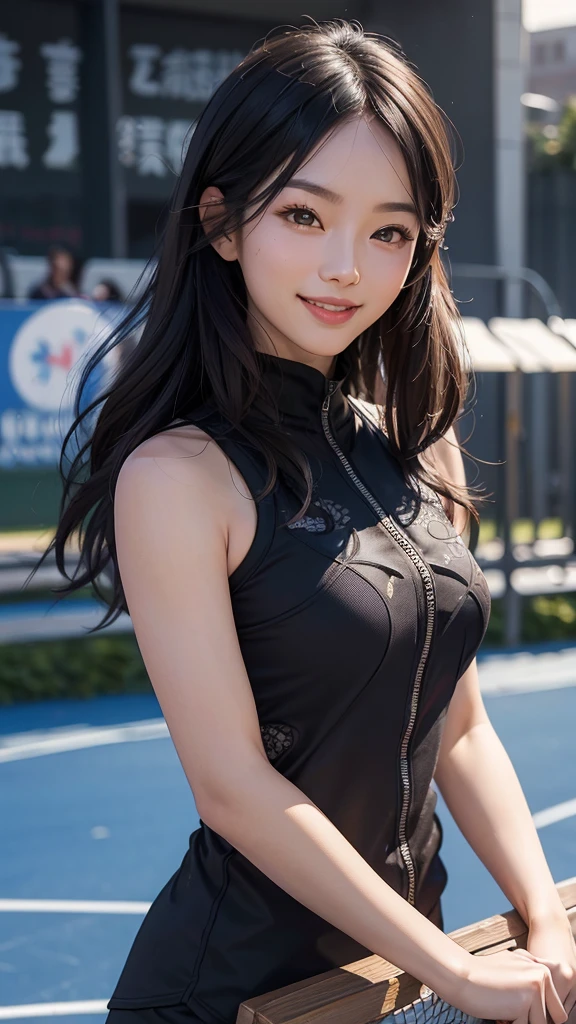 (realistically, masterpiece, 8K HD, Good lighting quality, Sportswear, fit snugly on face, intricate details), one，chinese woman, 25 years younger, happy, The smile is bright, Detailed faces, perfect style、combed black hair，Sportswear，afternoon，tennis court、The smile is bright, Detailed faces, delicate eyes,