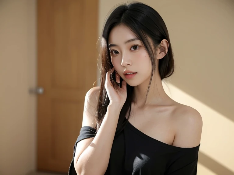 a young japanese woman with shoulder-length dark hair in a casual black shirt. She is standing in a neutral-colored room and is captured in the midst of an expressive moment, covering her mouth with both  hands, as if she's just heard surprising news. Her eyes are wide open, reflecting shock and amazement. The lighting in the room is soft and natural, coming from a source that seems to be in front of her, highlighting her facial expression. The focus is on her face and the gesture of her hand, with a shallow depth of field that softly blurs the background.