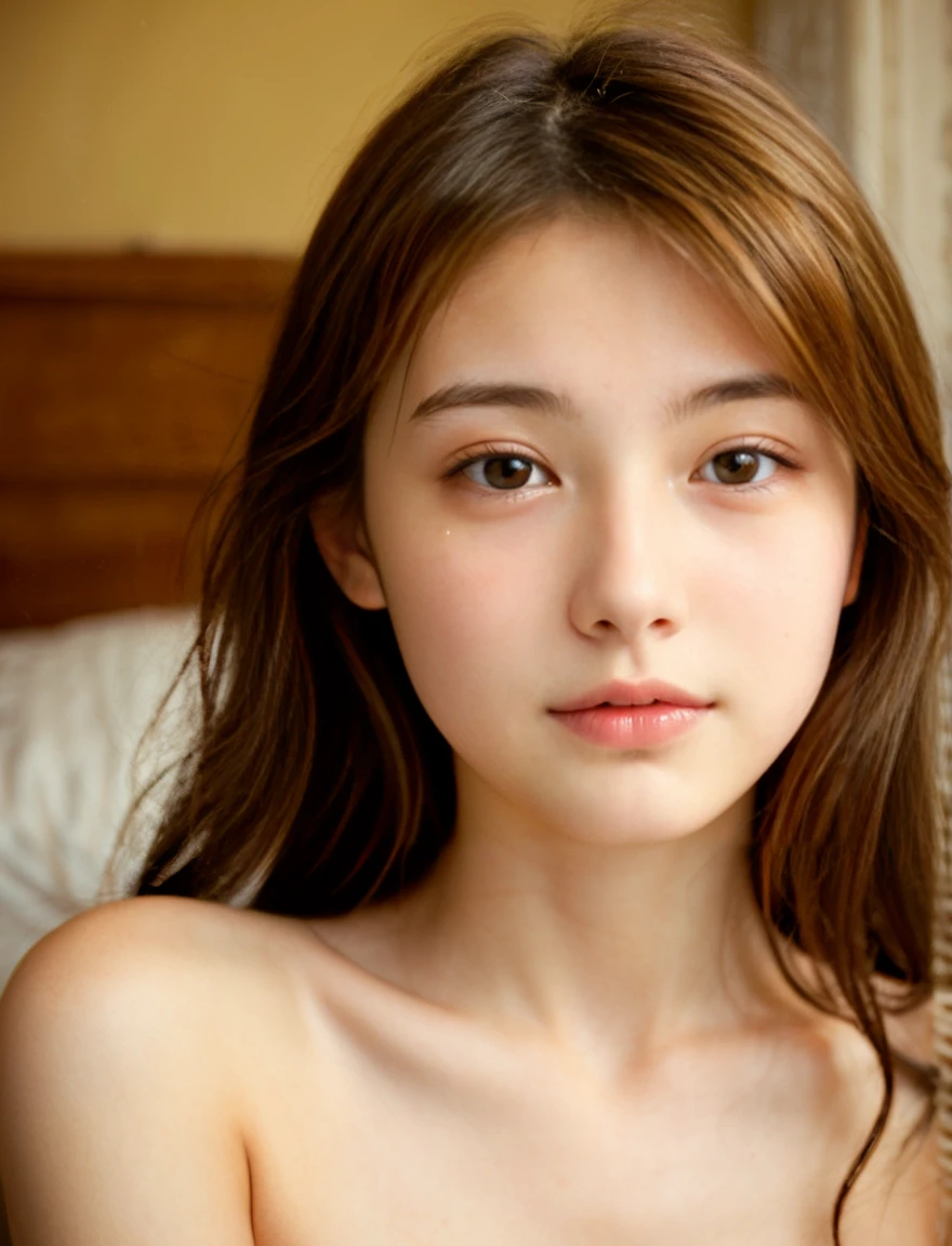 Japanese beauty、Completely naked、expression full of love、20-year-old、7 head and body、bed、I love you、Moist eyes、Eyebrows、Pointed mouth、