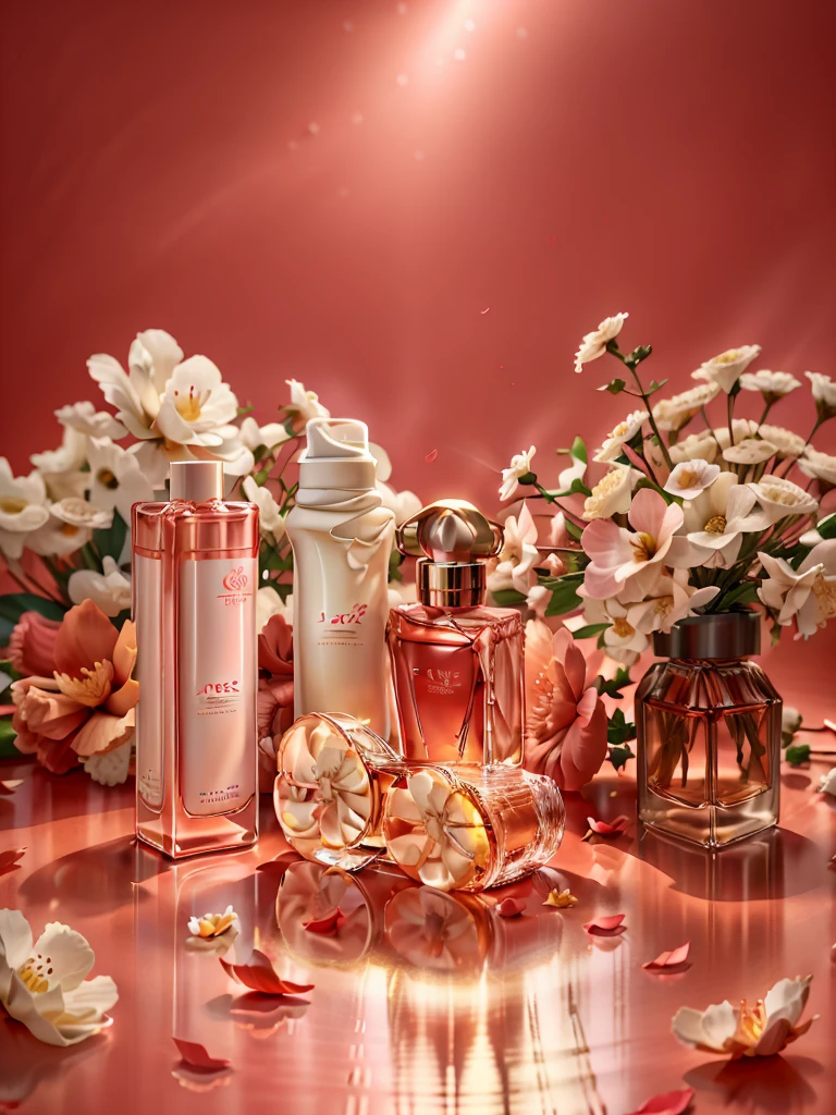 Refreshing Photos and Capture Ingredients of Moisturizing Face Cream。The stage features a fresh, soft red background and soft diffused lighting，Creates a fresh and sweet feeling。The background is decorated with many flowers，Place a beautifully designed fragrance prominently in the frame，There are many scattered petals on the ground，Capture the moment when the scent envelopes the entire scene，Create an atmosphere of elegance and indulgence，8k，high resolution，C4D

