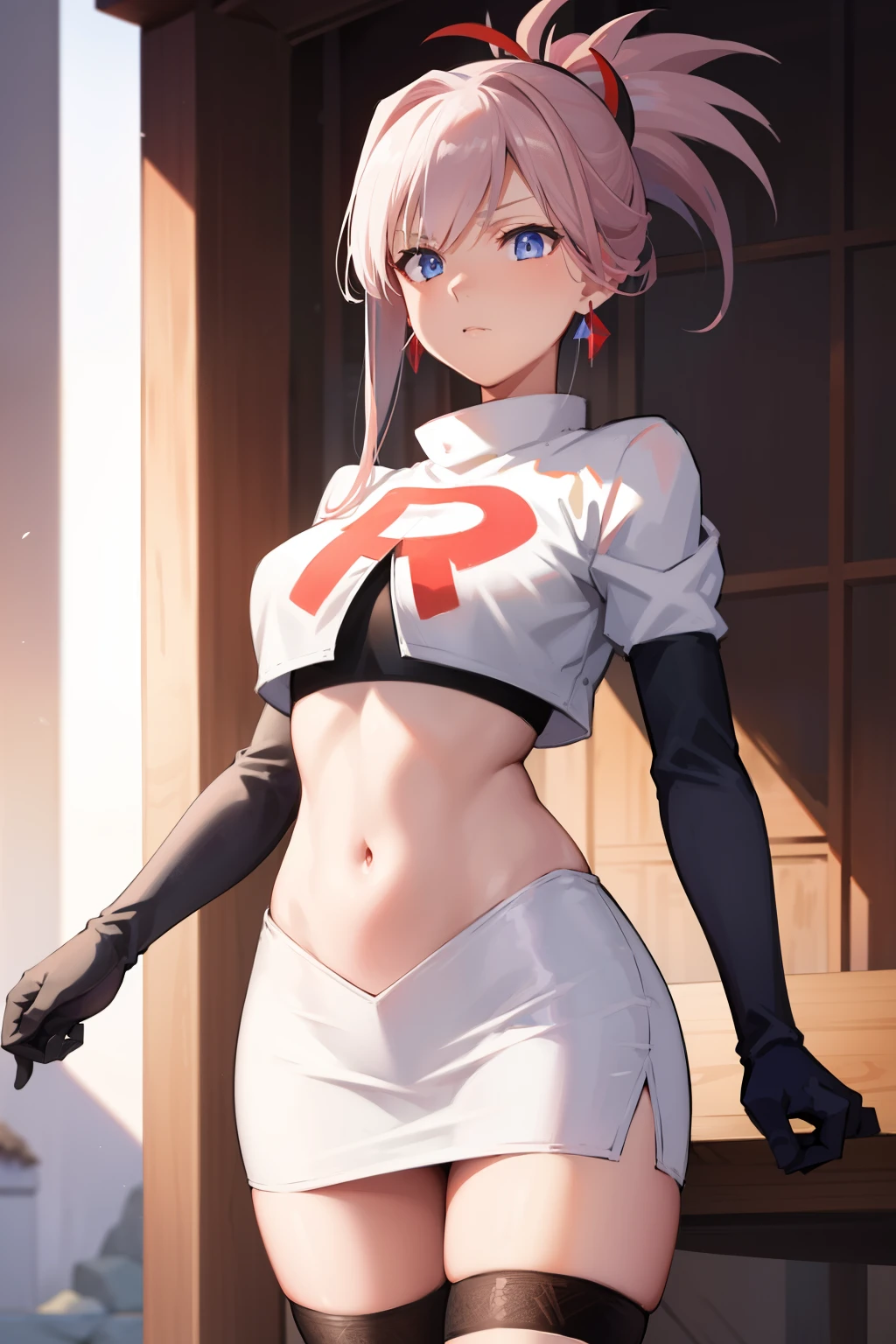 miyamotomusashi, miyamoto musashi, asymmetrical hair, blue eyes, earrings, hair ornament, pink hair, ponytail, sidelocks,team rocket,team rocket uniform, red letter R, white skirt,white crop top,black thigh-highs,black elbow gloves