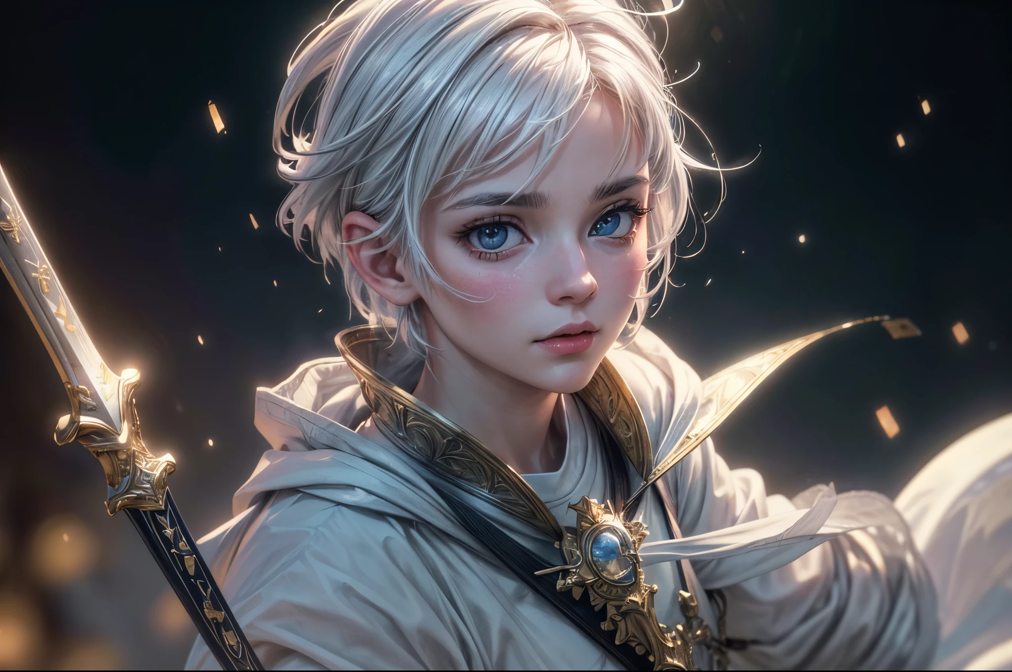 (best quality,4k,8k,highres,masterpiece:1.2),ultra-detailed,(realistic,photorealistic,photo-realistic:1.37),intricate,studio lighting,sharp focus,vivid colors,bokeh,short hair,holding sword,upper body,white hair,holy power,light diffusion,holy grail,light theme,dynamic pose