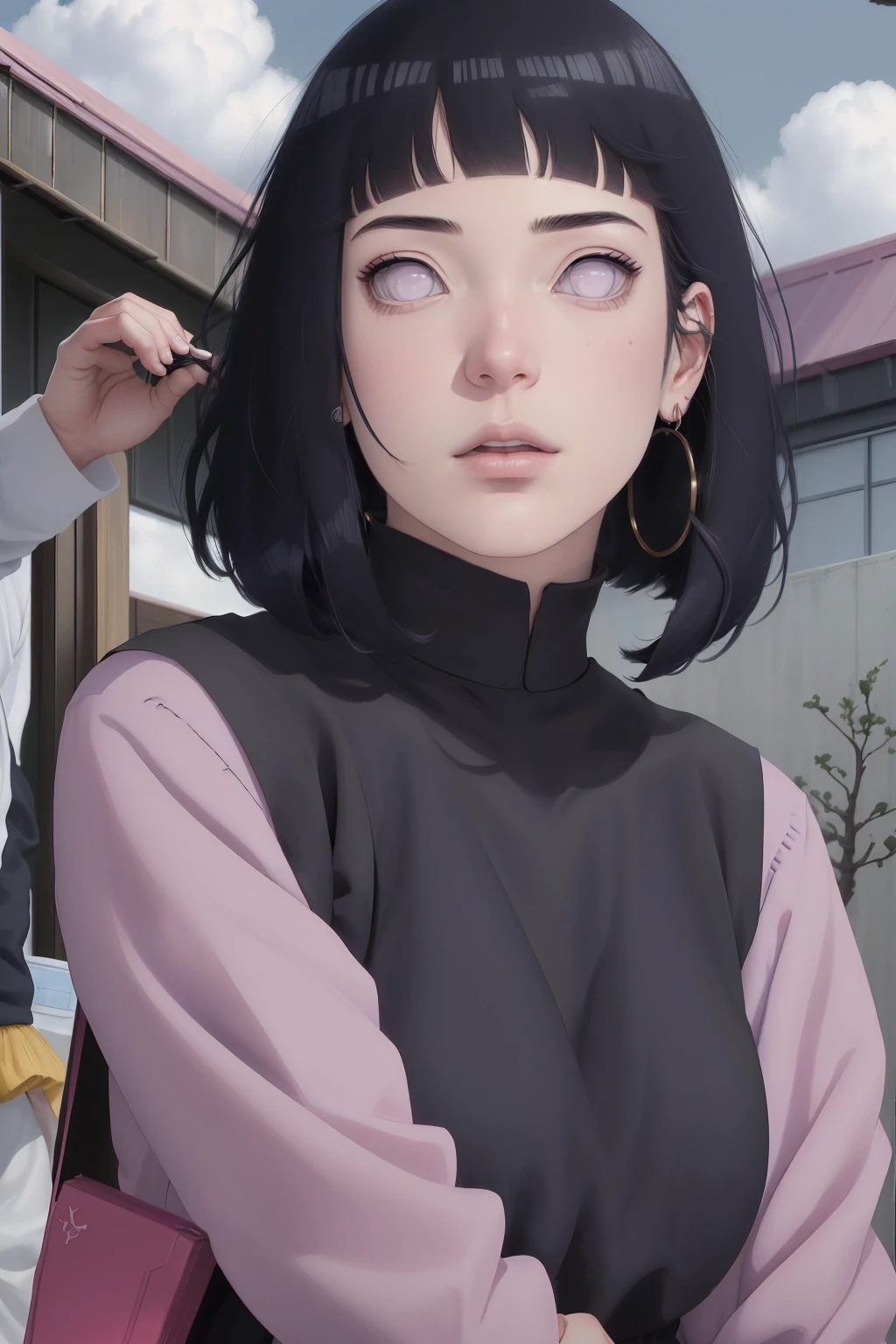 { - anatomy error} (Masterpiece - Ultra-detailed, very high resolution) , absurdos, Hinata\(Boruto\), 1girl, sozinho,Mature female, Capuz roxo,mangas em camadas, jeans, ao ar livre, Cloudy sky, perfect composition, circunstanciado lips, peito grande, beautiful face, body propotion, corar, (pink lips), cabelos pretos curto (black hair), lilac eyes, olhar suave, super realistic, circunstanciado, rosto e corpo realistas, Realistic hair, olhos realistas, nariz realista, realistic lips, with large hoop earrings, anime.