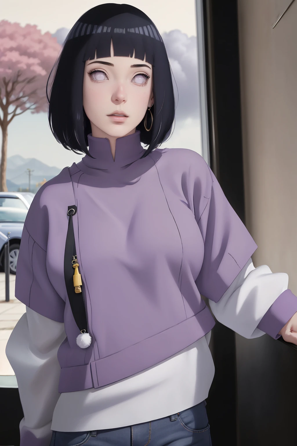{ - anatomy error} (Masterpiece - Ultra-detailed, very high resolution) , absurdos, Hinata\(Boruto\), 1girl, sozinho,Mature female, Capuz roxo,mangas em camadas, jeans, ao ar livre, Cloudy sky, perfect composition, circunstanciado lips, peito grande, beautiful face, body propotion, corar, (pink lips), cabelos pretos curto (black hair), lilac eyes, olhar suave, super realistic, circunstanciado, rosto e corpo realistas, Realistic hair, olhos realistas, nariz realista, realistic lips, with large hoop earrings, anime.