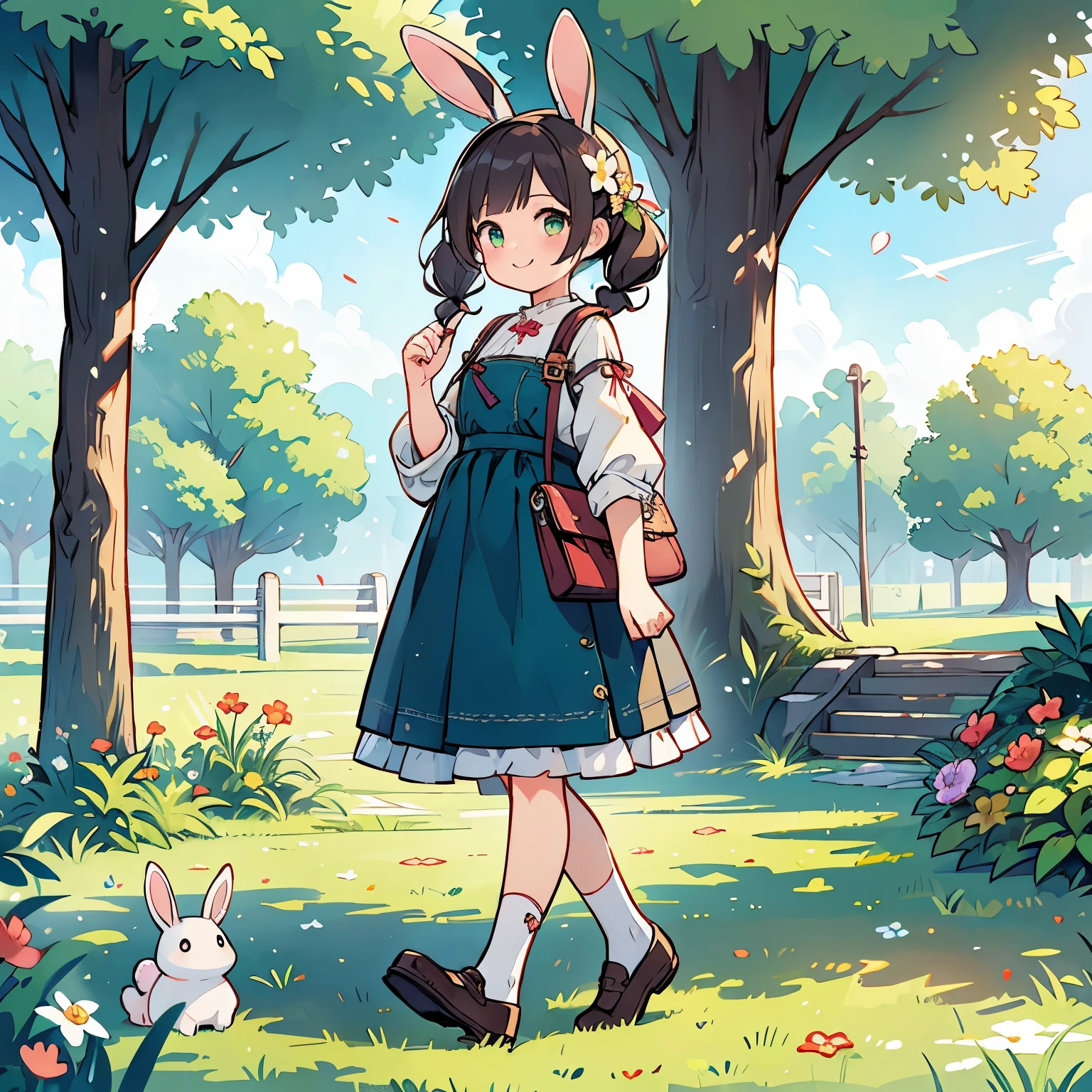 (photorealistic:1.37)、octane rendering、Morning park、Walk with a rabbit doll、Girl has twin tail hairstyle and smiles、Bright colors、soft sunlight、beautiful flower、green grass、playful atmosphere、peaceful environment、detailed texture、Bright colors、cute shoes with accessories、He looks happy