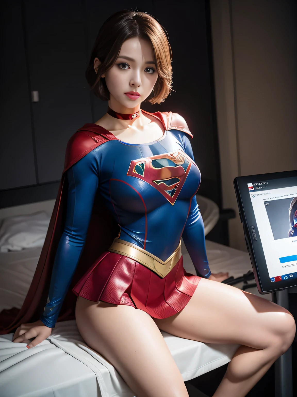 masterpiece,supergirl costume, short hair, barefoot, big and full breasts,operating room、operating table、straddle、damaged、shiny、look at the camera、Seduce、Estrus、choker、long sleeve、red mini skirt