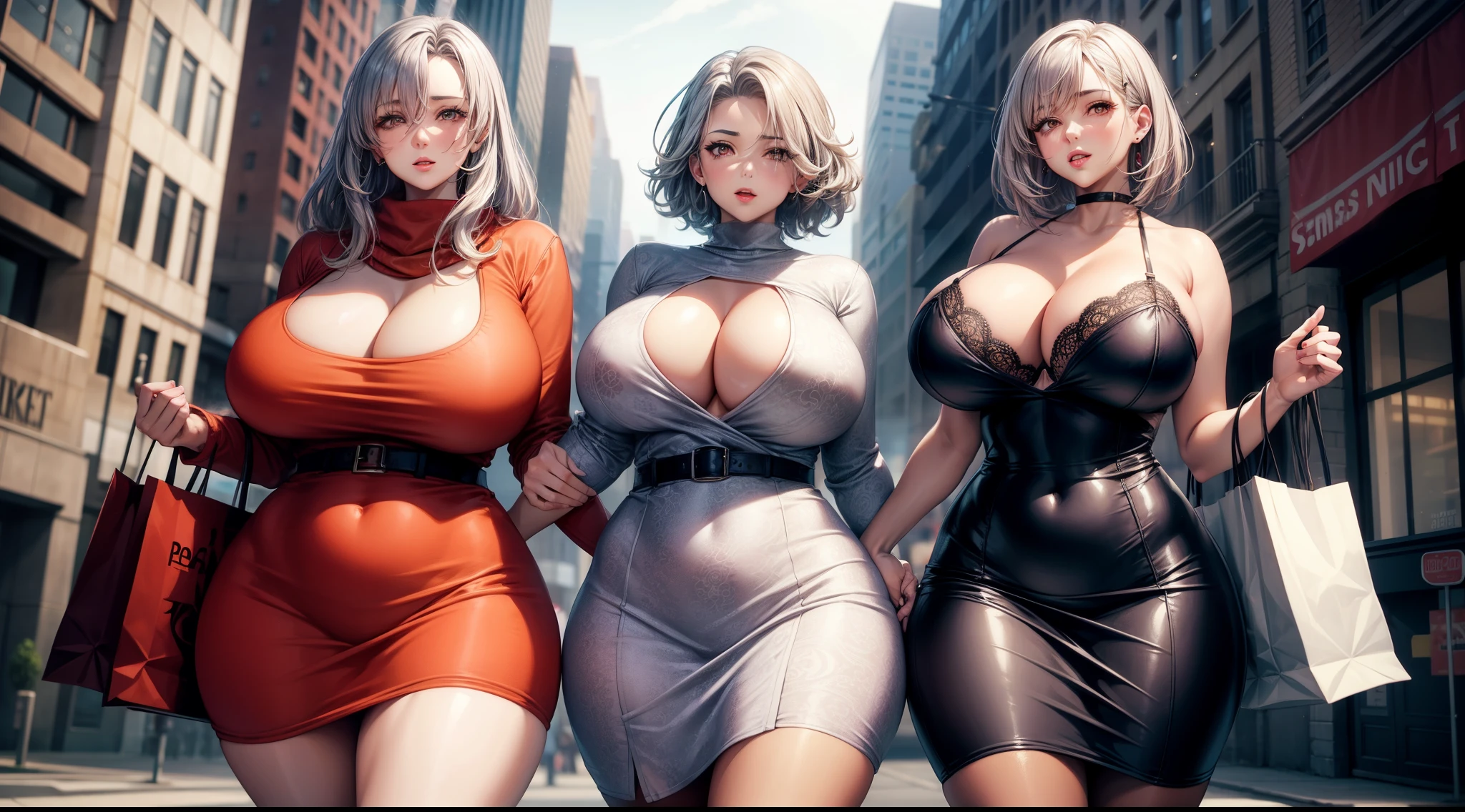 MILF, 2girls, large breasts, gigantic breasts, huge breasts, mature female, heavy breasts, short hair, silver hair, light skinned female, Sweater dress, cropped top, thick dress, Violet scarf, orange eyes, large, Curvy waist , Breasts resting on arms, arms under breasts, Looking at viewer, edges of bra on dress, cleavage, in city park, holding shopping bag, full breasts, breasts larger than head, Face Mature, Curvy female, thick thighs, voluptuous female, Full body shot, red dress, elegant dress, lace pantyhose, Belt on the dress, Flower printed on the dress, delicate gloves, Bra strap appears, soft breasts, breasts are pressed against each other, Female focus, Mom's breasts, mom, Mother and daughter, Pink bra, dyed hair, many hairstyles
