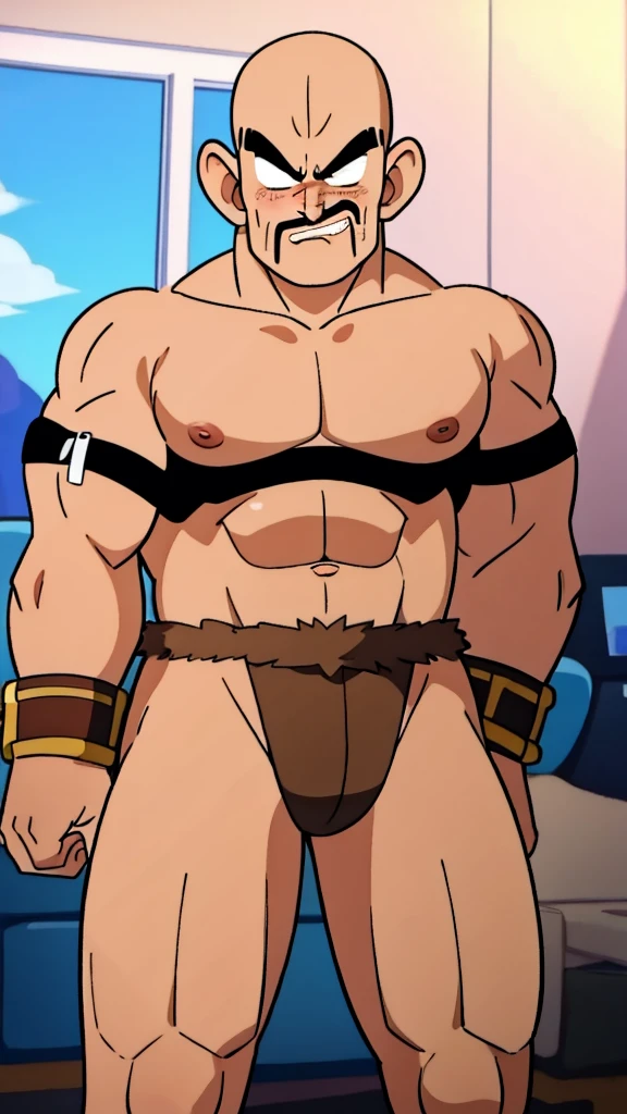 Nappa, male focus, solo,cowboy shot, 1boy, bald, nipples, muscular male, Shy , mustache , abs, grin,black vambraces, veins, pectorals, thighs, black eyes, (best quality, masterpiece) , tail around waist , NSFW , BDSM , Slave , Massive bulging crotch , full Body , Chubby , embarrassed, shamefaced