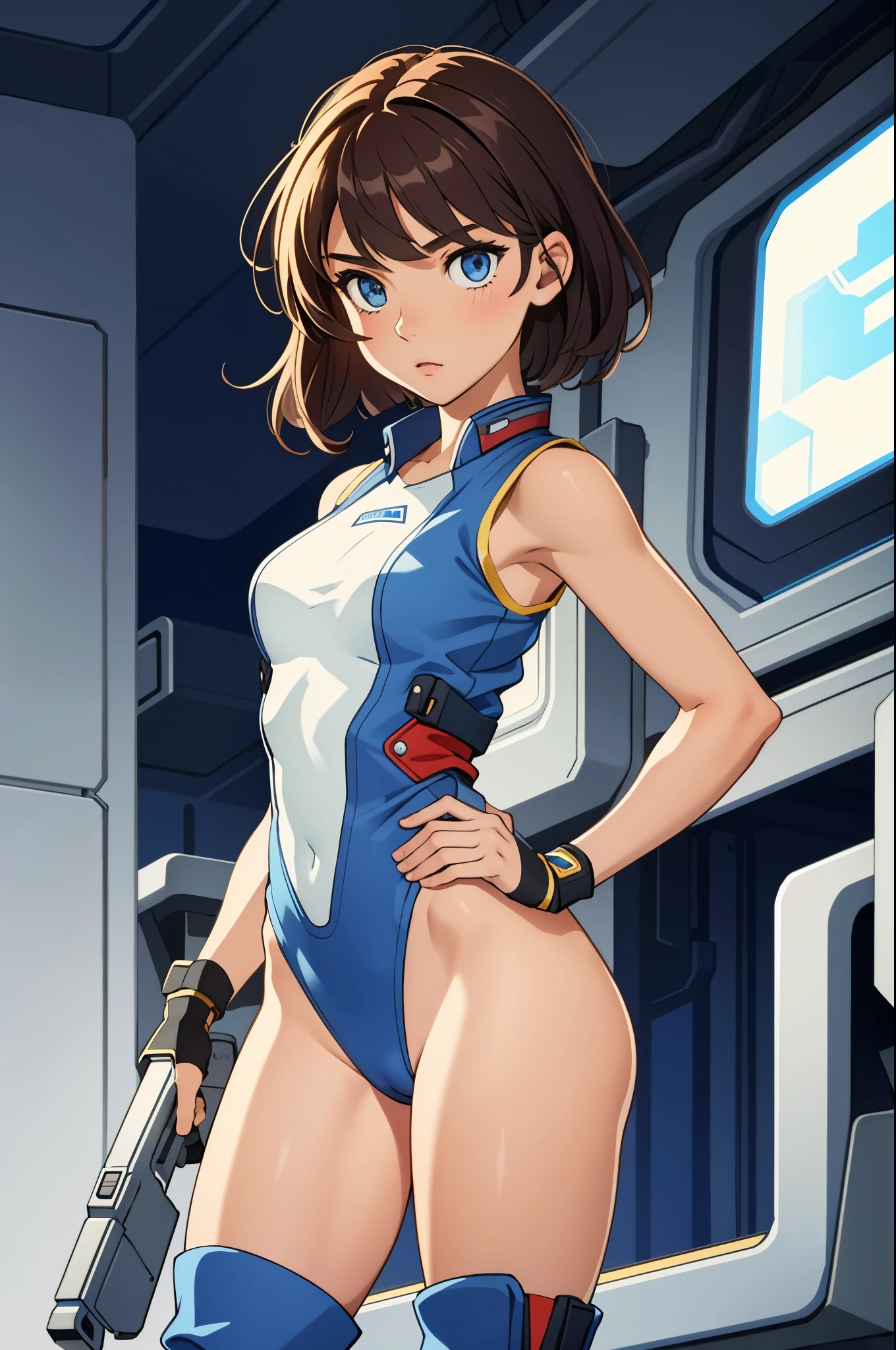 (masterpiece), (best quality), 1girl, pilot, leotard, bare legs, boots, solo, solo focus, sleeveless, hands on hip, standing, full body shot, cowboy shot, beautiful face, detailed eyes, symmetric eyes
