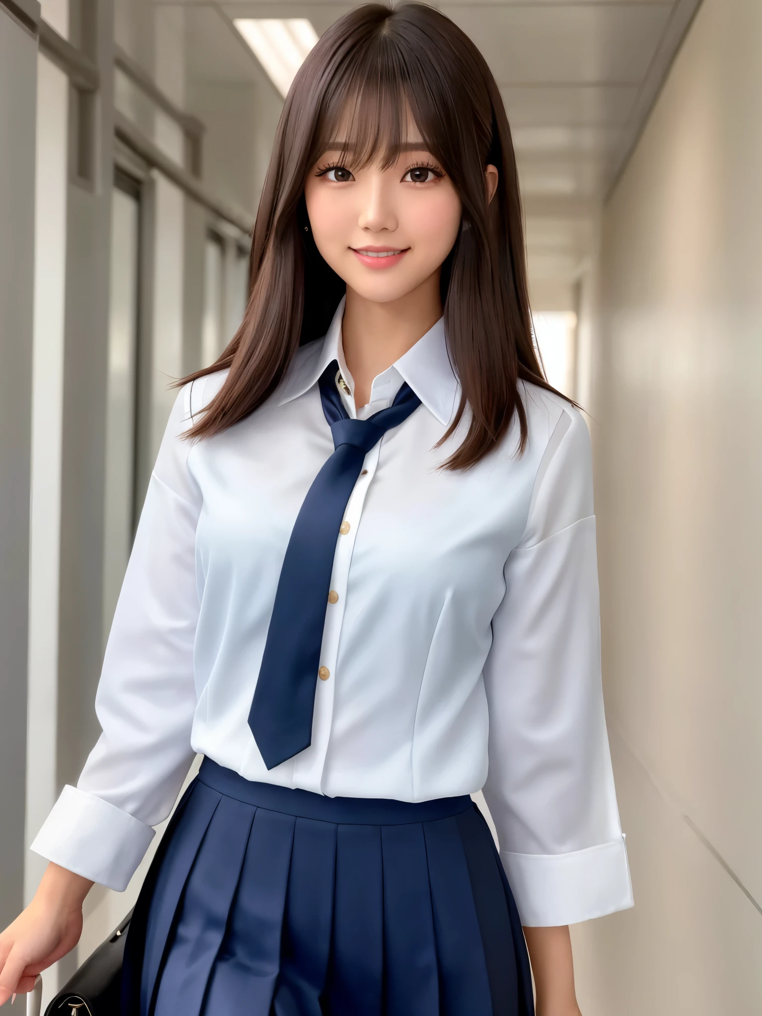 product quality, 1girl, upper body shot, front view, a Japanese young pretty girl, long bob hair, walking with a big smile on a crowded corridor in a high school, glamorous figure, wearing a dark blue blazer over a white collared silky satin shirt, shiny satin dark blue plain long tie, dark blue pleated long skirt, school bag over her shoulder, hyper cute face, glossy lips, double eyelids in both eyes, natural makeup, long eyelashes, shiny smooth light brown long bob hair, asymmetrical bangs, a tanned skin, central image, high resolution, high detail, detailed hairstyle, detailed face, spectacular cinematic lighting, octane rendering, vibrant, hyper realistic, perfect limbs, perfect anatomy