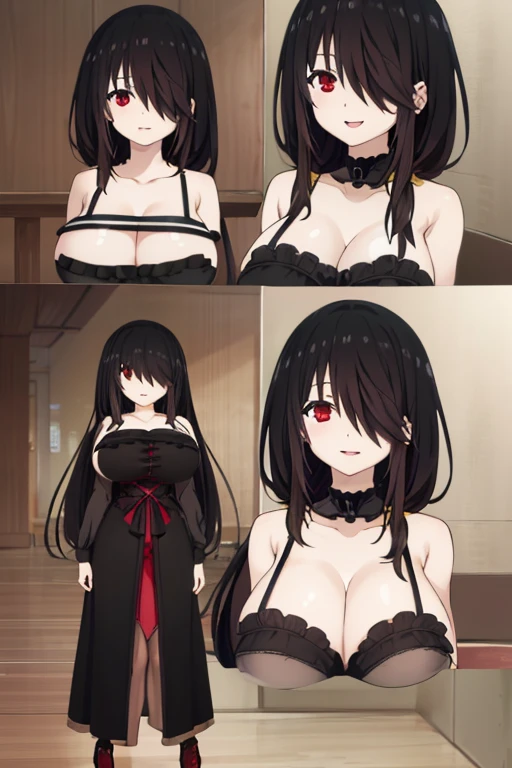 kurumi tokisaki, cosplayer, cosplay kurumi tokisaki, black hair, (hair over one eyes:1.5), (red eyes:1.2), (big breast:1.5), (gothic), dress, pantyhouse, (full body), high resolution, (masterpiece:1.3), (beautiful detailed eyes:1.4), (beautiful detailed face:1.3), cute, smile, (best quality), extremely detailed CG, perfect anatomy