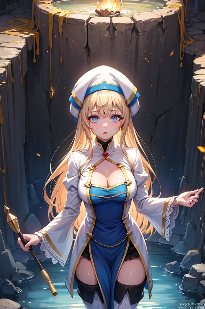 (masterpiece, best quality, glowing light, glistening, shiny skin, ultra detailed, detailed background, complex background),(perfect face, detailed face, detailed eyes,perfect hands,perfect fingers), (medium :1.2,scare expression),(mature female:1.4),cowboy shot,thicc,cleavage,((Ripped clothes)),
priestess, long hair,((gradient hair)),multicolored eyes, gradient eyes, (glowing eyes:1.1), mascara, (fashion make up), parted lips,hat, long sleeves, dress, thighhighs, white headwear, thigh boots, wide sleeves, white thighhighs,hands beind ,
((cave, stalactite, torches on the wall, water fountain)),((super detailed background)), dynamic poses, ((8k wallpaper)),