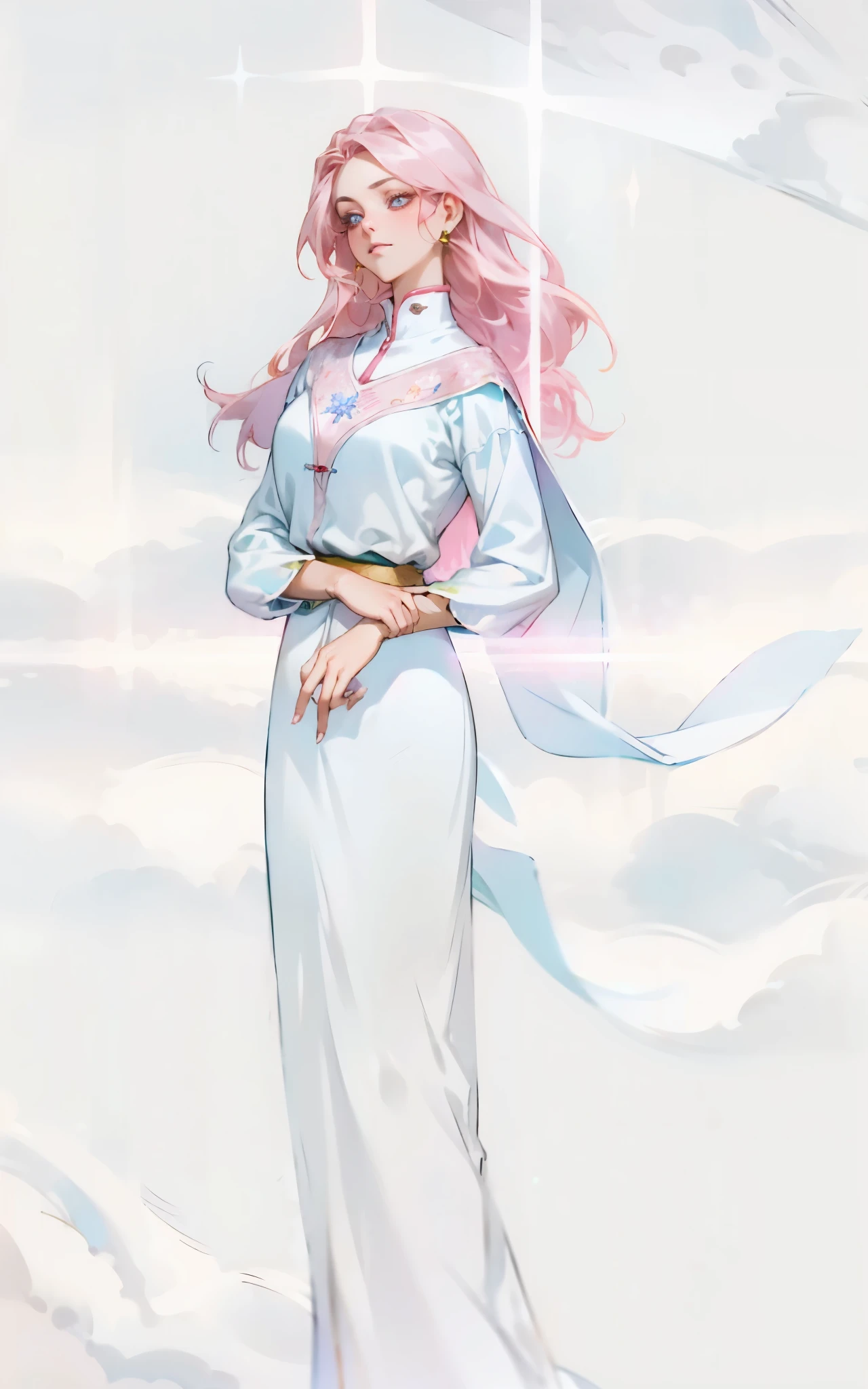 a beautiful young woman, a peerless beauty, goddess, perfect body, perfect nose, perfect mouth, perfect eyes, Perfect skin, the most beautiful woman in the world, medium-length hair in two colors, a floral hairpin, a graceful visage, bright eyes, flawless skin, exudes an elegant temperament, a simple and refined two-piece silk clothing, a light pink shawl, a pale silk belt, An ethereal and flowing long skirt, a dreamy and ethereal atmosphere, this character embodies a finely crafted fantasy-style traditional Chinese beauty in anime style, exquisite and mature manga art style, high definition, best quality, highres, ultra-detailed, ultra-fine painting, extremely delicate, professional, anatomically correct, symmetrical face, extremely detailed eyes and face, high quality eyes, creativity, RAW photo, UHD, 8k, Natural light, cinematic lighting, masterpiece-anatomy-perfect, masterpiece:1.5