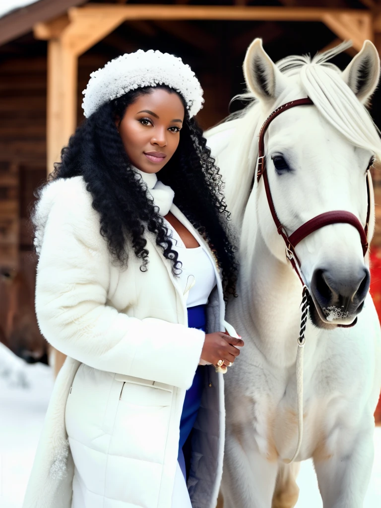 african-american with dark skin woman with long  highly curly hair style, in a white fur coat standing next to one white horse, white snow forest background