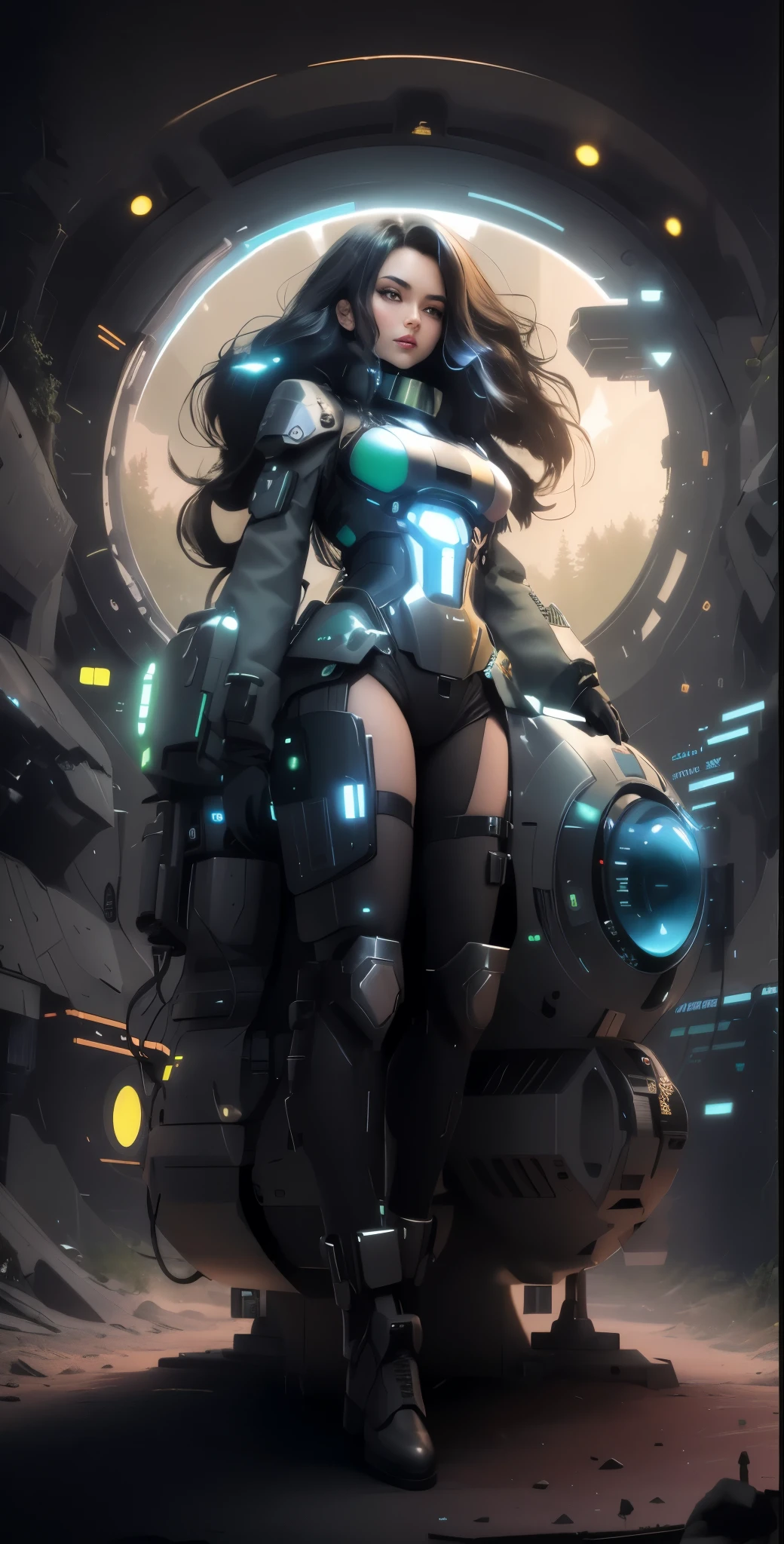 In the deep recesses of a military industrial complex stands Massively sized Time Tunnel in a government reinforce massive bunker forest covered in darkness and secrecy. A very attractive and futuristically half dressed time traveler (half android) beautiful woman sad mouth closed ((shinny clothing and time travel accessories)) stands sadly beside the broken Time Machine. A colorful Matrix computer code is mixed into the background amongst the forest trees.