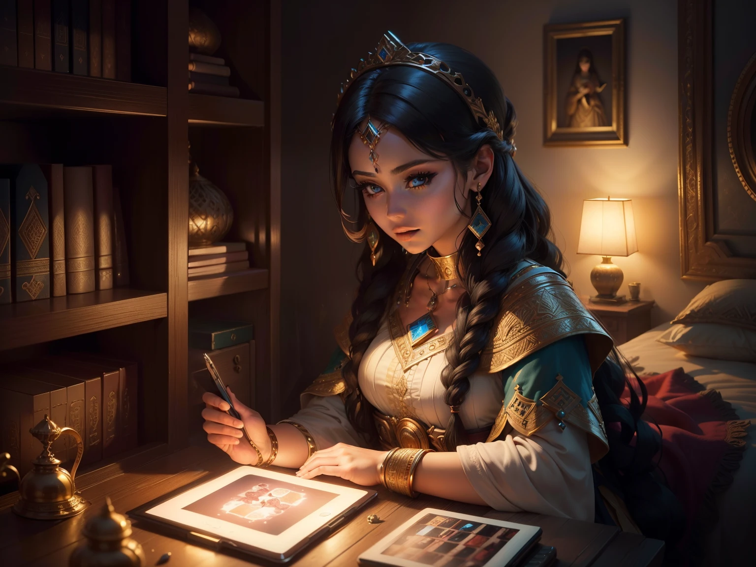 A beautiful ancient Babylonian princess searches for tablet computer in her lonian room at night, (Masterpiece, Best Quality, Highres:1.4), Detailed, Intricate Details, 4K ,((sfw)),