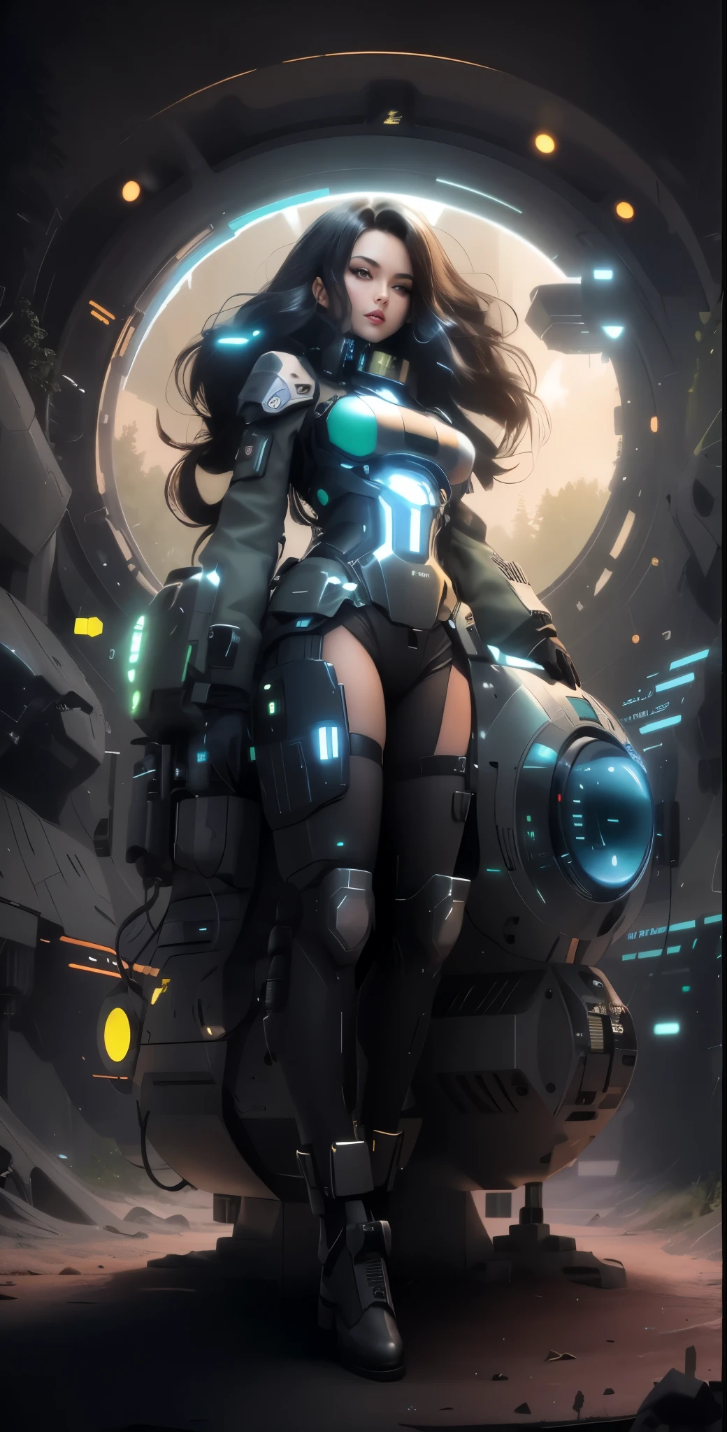 In the deep recesses of a military industrial complex stands Massively sized Time Tunnel in a government reinforce massive bunker forest covered in darkness and secrecy. A very attractive and futuristically half dressed time traveler (half android) beautiful woman mouth closed ((shinny clothing and time travel accessories)) stands sadly beside the broken Time Machine. A colorful Matrix computer code is mixed into the background amongst the forest trees.
