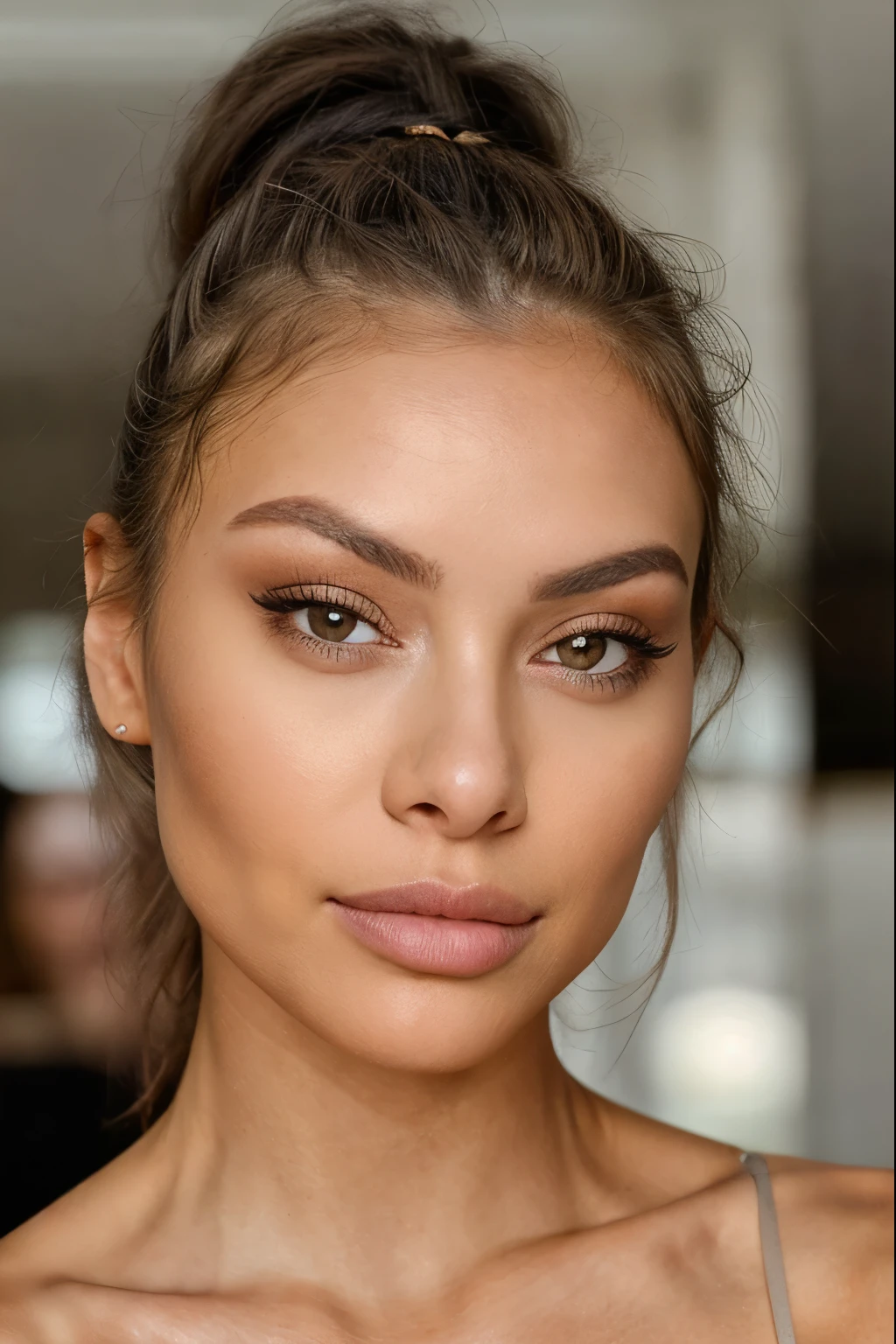 beautiful brunette woman, (24 years old, sedutive look),A coffee mug on the table ((Selfie on the upper body, a happy)), she has big pouty lips with lip filler ++,defined cheekbones with cheek filler and is wearing some blush. she has smouldering sexy eyes and is wearing smokey eye makeup. she seems to have a mixed filipino and european look. she has blonde hilights in her hair. Her nose is very thin and small. She has a toned physique and has breast implants c size. masterpiece, beste-Qualit, Ultra-detailed, (Look at the viewer: 1.2) (skin texture) (film grains: 1.3), (warm hue, warm tone: 1.2), a closeup of a, cinematiclight, sidelighting, extra high resolution, better shadow, Raw, upper-body, crop top
