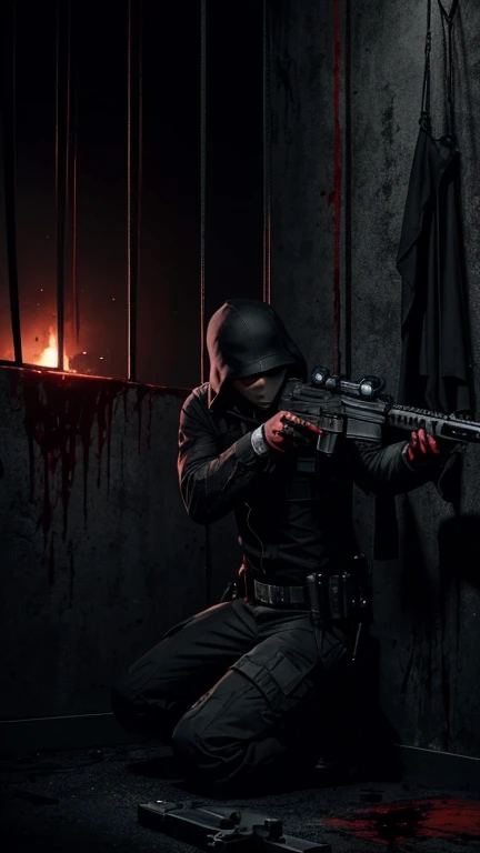 A person hanging with a black rope under the right, and there's a shooter aiming at them, also in black, against a eerie backdrop with splatters of blood, a grim setting resembling a deadly shooting, featuring a large pistol, creepy layout, blood, shooting,