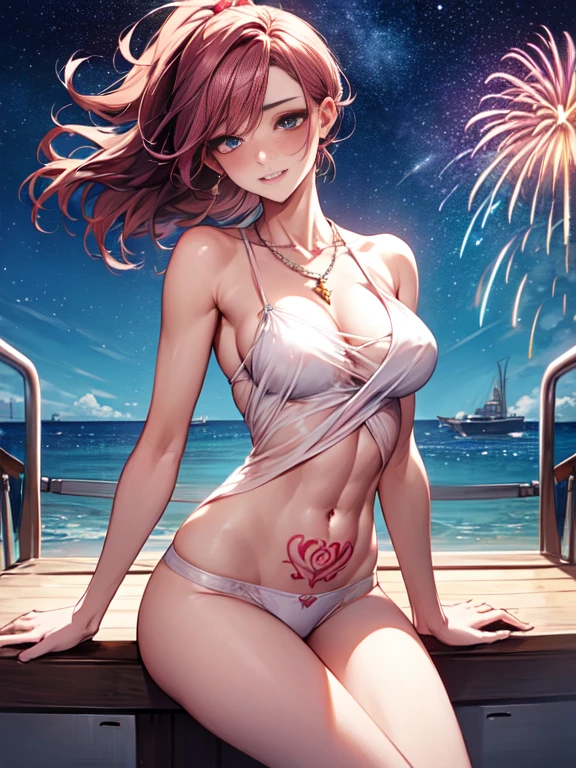 Beautiful and attractive women with fashion trends, whole body: 1.6, have flowers, random hairstyle, sitting on the edge of the ship, by boat, tight slip dress random color, hair blowing in the wind, starry skies, firework、delicate sexy clavicle, cover chest, attractive face, double eyelid, Smart peach blossom eyes, pink lips, upturned mid-chest, bare shoulders, concentrated face, ultra high resolution, Super detailed, Ultra-thin translucent, fresh and good, See-through, pink underwear、tattoo on chest、Cameltoe, toned abdominal muscles、thin thin waist、big necklace、big hips、(blush:1.3)、Very happy expression、smile、