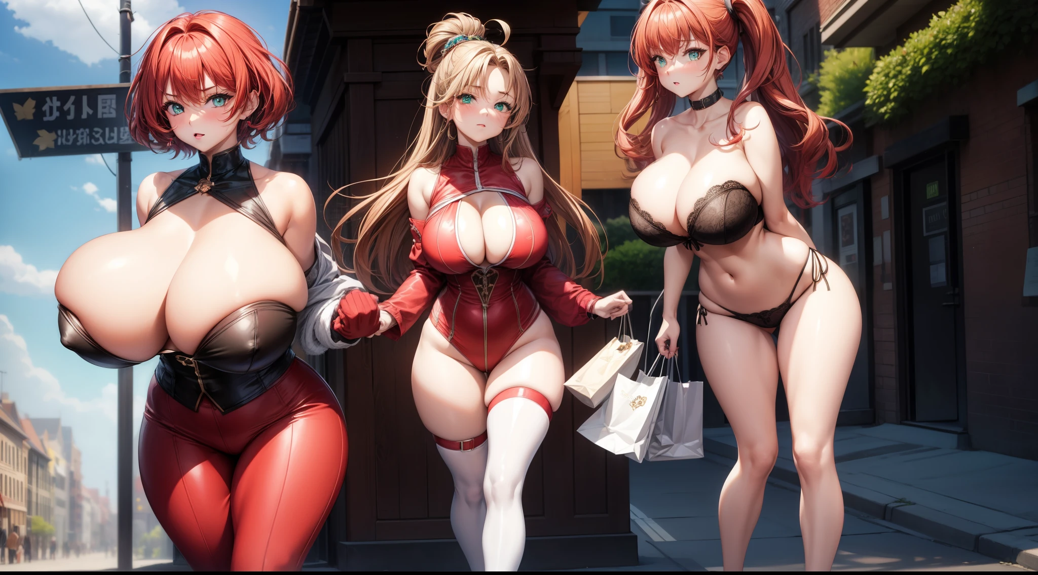 MILF, 2girls, large breasts, gigantic breasts, huge breasts, female 20 years old, heavy breasts, short hair, red hair, light skinned female, blue and red corset, green eyes, large, Curvy waist , Breasts resting on arms, arms under breasts, Looking at viewer, in city park, holding shopping bag, full breasts, breasts larger than head, beautiful face, Curvy female, thin thighs, thin female, (Full body shot:1.5), soft breasts, breasts are pressed against each other, Female focus, many hairstyles