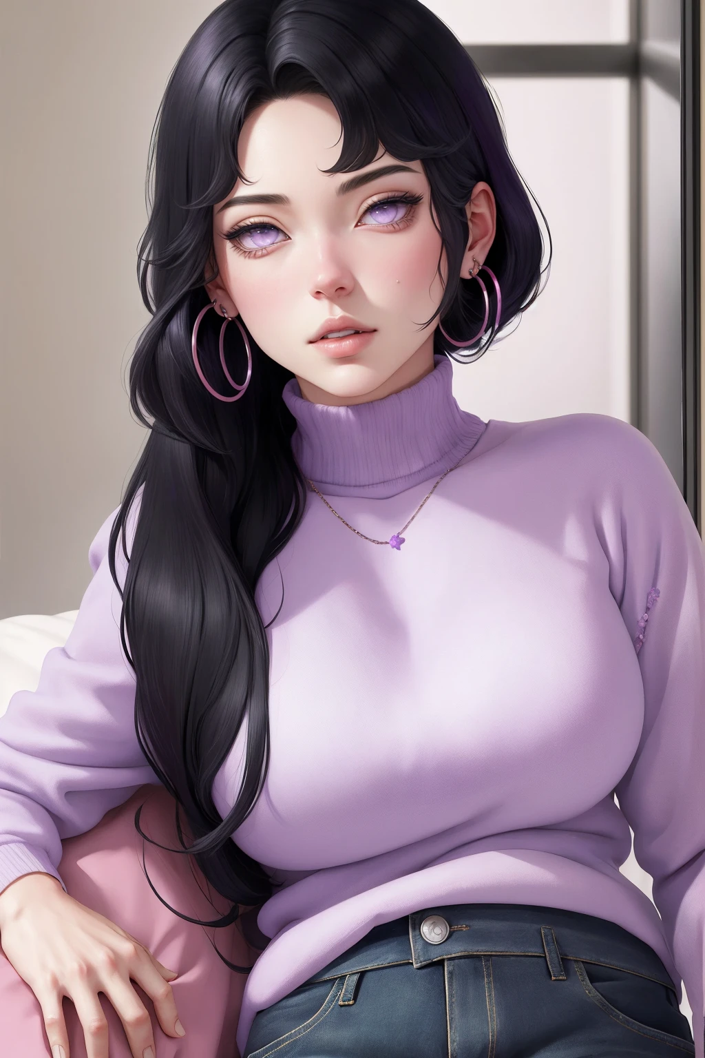 { - anatomy error} (Masterpiece - Ultra-detailed, very high resolution) , absurdos, Hinata\(Boruto\), 1girl, sozinho,Mature female, Capuz roxo,mangas em camadas, jeans, ao ar livre, Cloudy sky, perfect composition, circunstanciado lips, peito grande, beautiful face, body propotion, corar, (pink lips), cabelos pretos curto (black hair), lilac eyes, olhar suave, super realistic, circunstanciado, rosto e corpo realistas, Realistic hair, olhos realistas, nariz realista, realistic lips, with large hoop earrings, anime.