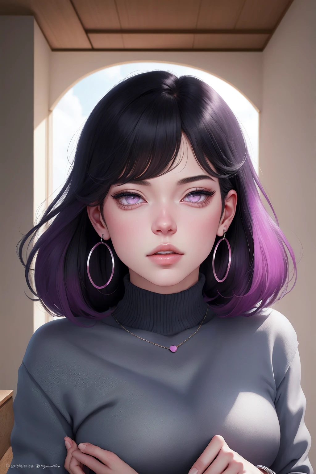{ - ??????? error} (Masterpiece - Ultra-detailed, very high resolution) , absurdos, Hinata\(Boruto\), 1girl, sozinho,Mature female, Capuz roxo,mangas em camadas, jeans, ao ar livre, Cloudy sky, perfect composition, circunstanciado lips, peito grande, beautiful face, body propotion, corar, (pink lips), cabelos pretos curto (black hair), lilac eyes, olhar suave, super realistic, circunstanciado, rosto e corpo realistas, Realistic hair, olhos realistas, nariz realista, realistic lips, with large hoop earrings,  anime. 