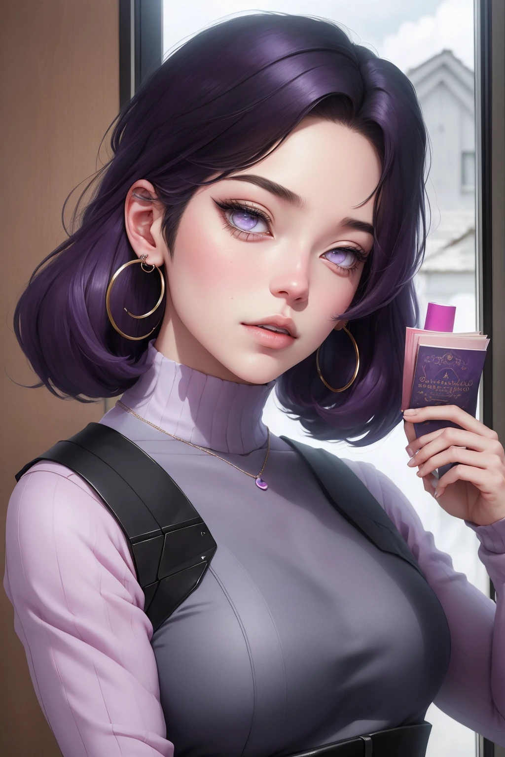 { - anatomy error} (Masterpiece - Ultra-detailed, very high resolution) , absurdos, Hinata\(Boruto\), 1girl, sozinho,Mature female, Capuz roxo,mangas em camadas, jeans, ao ar livre, Cloudy sky, perfect composition, circunstanciado lips, peito grande, beautiful face, body propotion, corar, (pink lips), cabelos pretos curto (black hair), lilac eyes, olhar suave, super realistic, circunstanciado, rosto e corpo realistas, Realistic hair, olhos realistas, nariz realista, realistic lips, with large hoop earrings, anime.