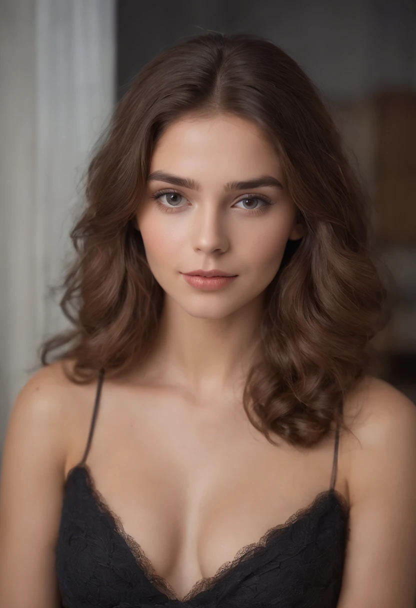 "Retrato de corpo inteiro de uma encantadora mulher de 18 anos com cabelo crespo cor de feno, um visual do final dos anos 80, pequenas sardas, figura, Rosto bonito, cativantes olhos azuis escuros, e tamanho modesto do busto, mostrando sua beleza natural, posando em um quarto ."