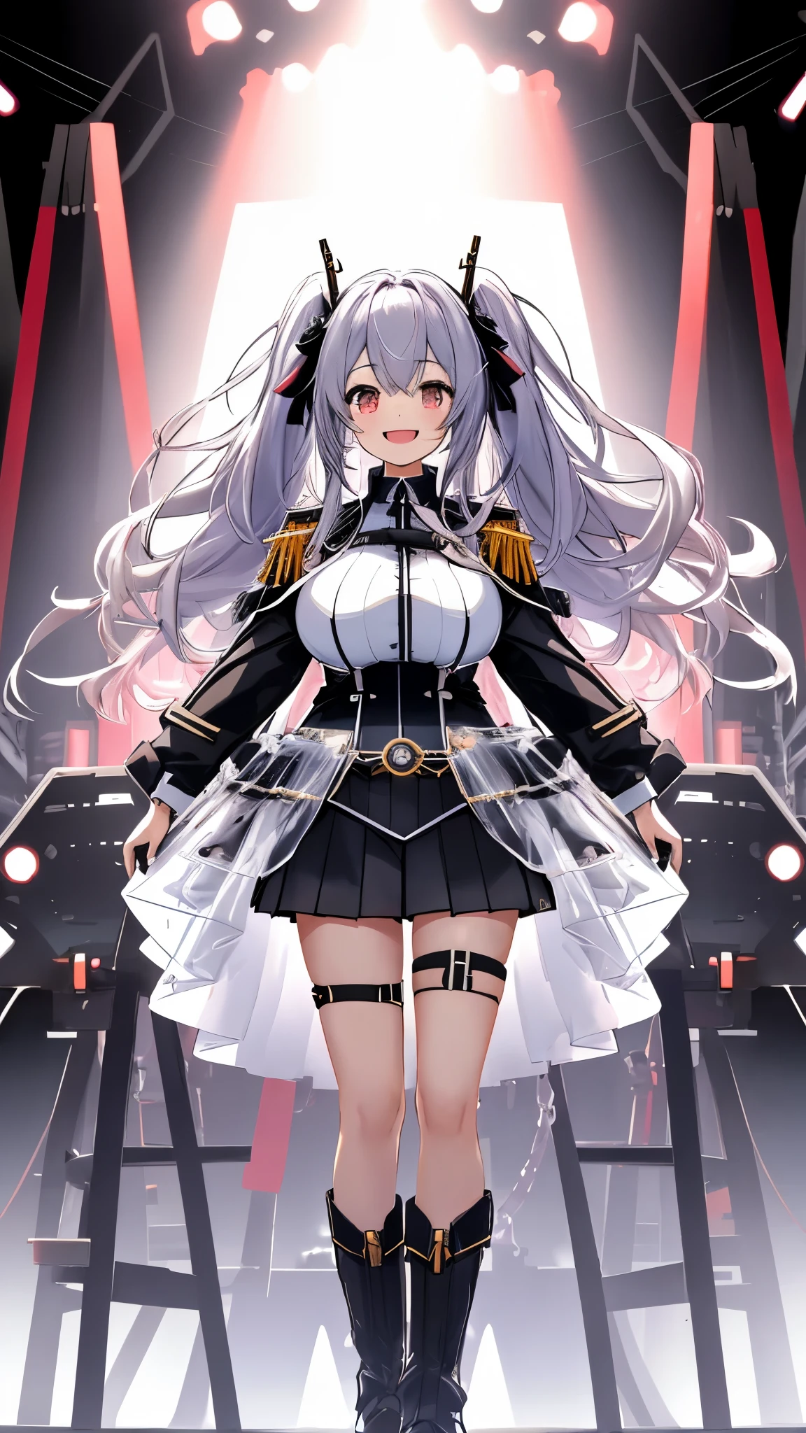 on lap,((((upright)))), ((((stand up)))), looking at the viewer, simple background、white background, 1 girl, open your mouth, smile, Virtual YouTuber、with a girl、((highest quality, expensive_solve, clear_image))、laughter、very big breasts、((concept art))、((front))、wearing a black captain&#39;s uniform。