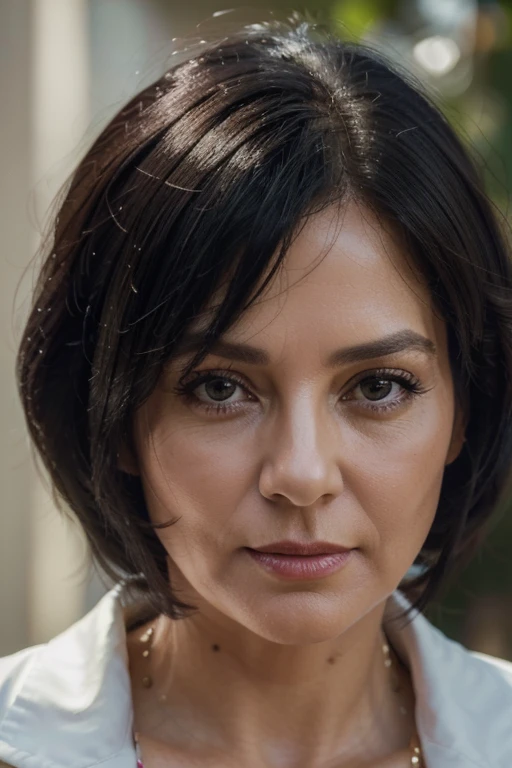 (Best quality, 4k, 8k, high resolution, masterpiece: 1.2), ultra detailed, (Photorealistic: 1.37), 50 year old woman, modern executive, beautiful black hair, looking at camera head on, vivid colors, soft lighting , that reflects modernity and seriousness