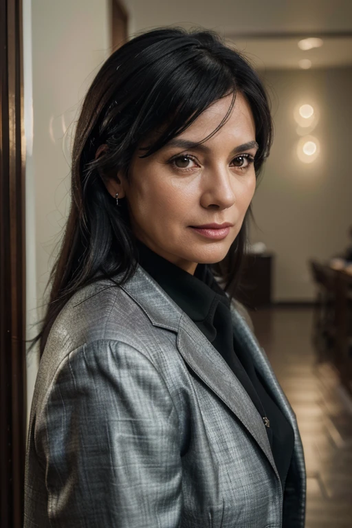 (Best quality, 4k, 8k, high resolution, masterpiece: 1.2), ultra detailed, (Photorealistic: 1.37), 50 year old woman, modern executive, beautiful black hair, looking at camera head on, vivid colors, soft lighting , that reflects modernity and seriousness