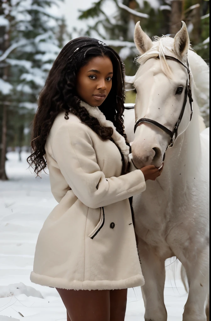 african-american with dark skin woman with long baby curly hair style, in a fur coat standing next to one white horse, white snow forest background