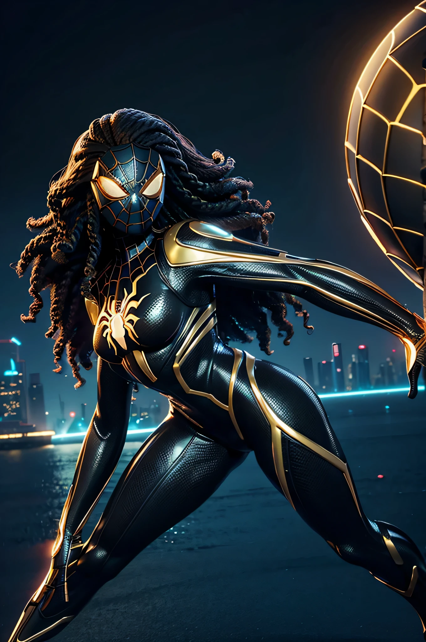 HD, dark skinned, female, age 18, humanoid, honey, afro hair, Jackie Parris, ((((Jackie Parris)))), thicc build, full body cgsociety, 3 d character art, full character body, detailed full body concept, stylized character, spider-man gold and black costume, spider symbol on chest, spider-man mask, golden metal sphere, neon glow, future city, Tron, city at night