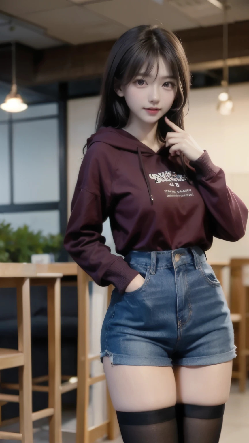 hot pants、、Supermodel、Perfect build、Muchimuchi、Three girls are looking at the viewer、　3 girls、、Thighhighs、beautiful feet、hot pants、hoodie、look down on、look of contempt、Seen by girls from below、Innocent face