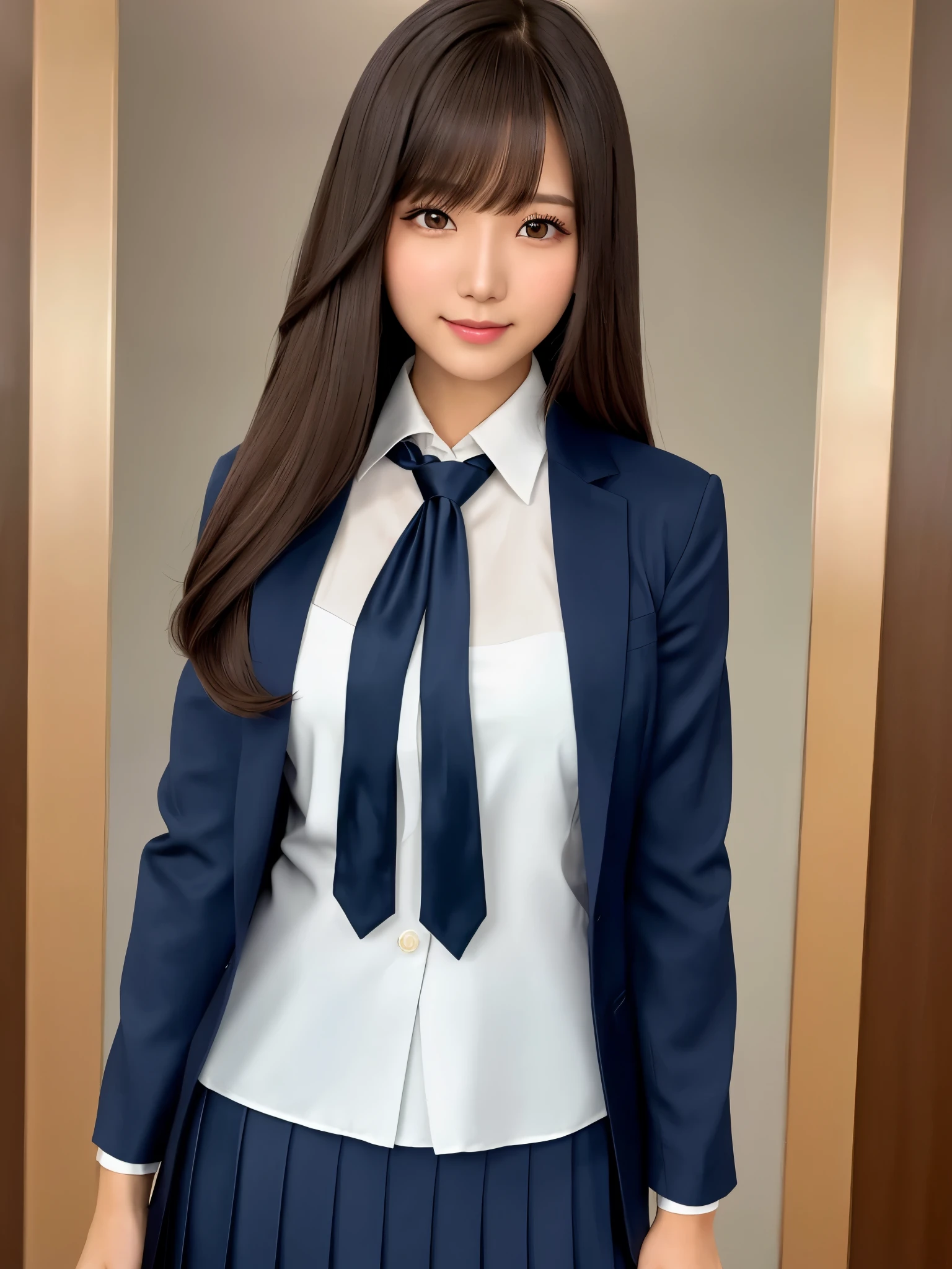 product quality, 1girl, upper body shot, front view, a Japanese young pretty girl, long bob hair, standing with a big smile on a crowded classroom in a high school, glamorous figure, wearing a dark blue blazer over a white collared silky satin shirt, shiny satin dark blue plain long tie, dark blue pleated long skirt, hyper cute face, glossy lips, double eyelids in both eyes, natural makeup, long eyelashes, shiny smooth light brown long bob hair, asymmetrical bangs, a tanned skin, central image, high resolution, high detail, detailed hairstyle, detailed face, spectacular cinematic lighting, octane rendering, vibrant, hyper realistic, perfect limbs, perfect anatomy