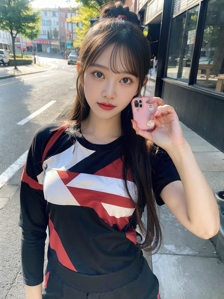 1 girl, long black hair, brown eyes, wearing red Adidas jacket, black Adidas sweatpants, city, absurdres, high res, ultrasharp, 8K, masterpiece, facing back from viewer