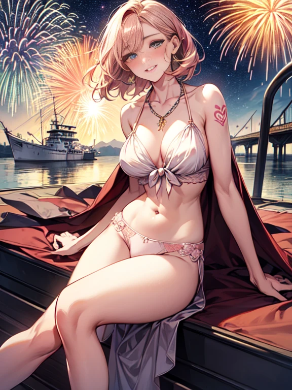 Beautiful and attractive women with fashion trends, whole body: 1.6, have flowers, random hairstyle, sitting on the edge of the ship, by boat, tight slip dress random color, hair blowing in the wind, starry skies, firework、delicate sexy clavicle, cover chest, attractive face, double eyelid, Smart peach blossom eyes, pink lips, upturned mid-chest, bare shoulders, concentrated face, ultra high resolution, Super detailed, Ultra-thin translucent, fresh and good, See-through, pink underwear、chest tattoo、Cameltoe, toned abdominal muscles、thin thin waist、big necklace、big hips、(blush:1.2)、Very happy expression、smile、