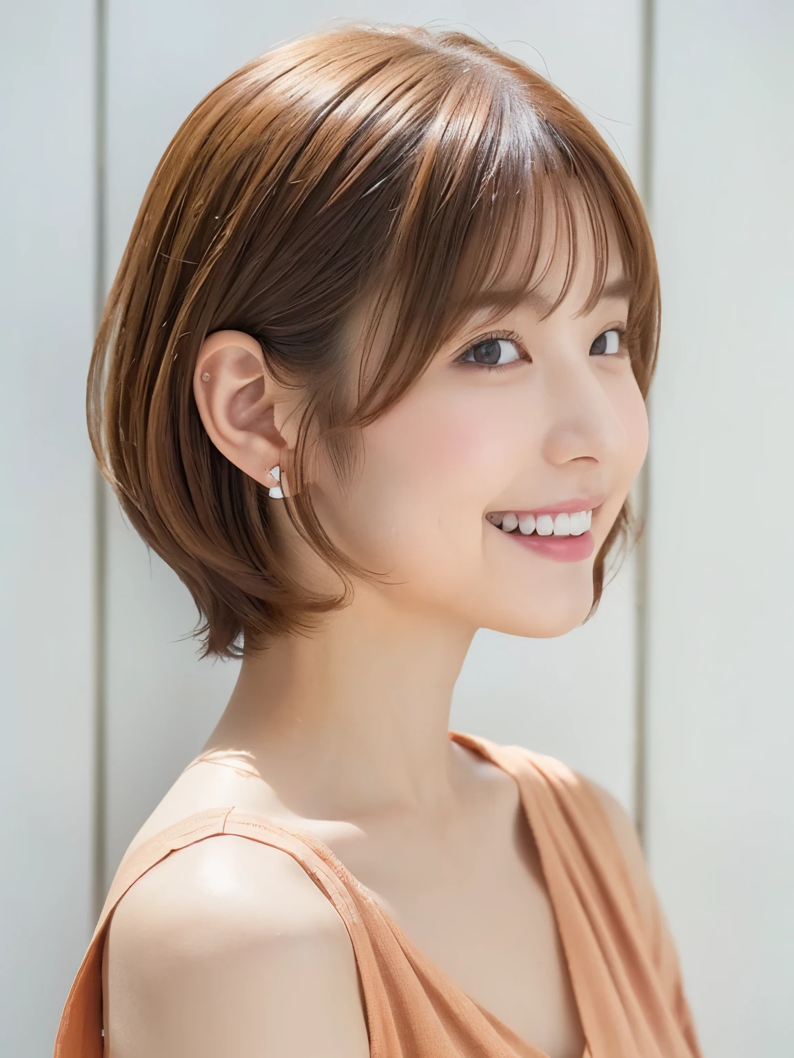 white wall、Taken in front of the white door、(窓のあるwhite wallの部屋)、(8K、RAW photo、highest quality、masterpiece:1.2)、High-definition RAW color photo、professional photos、(realistic、フォトrealistic:1.37)、Shot in natural light、1 girl、laughter、Versatile poses、Spring clothes、 necklace、(Beautiful profile:1.3)、Don't look at the camera、profile、shortcut、short hair、Shot in natural light、Dark orange hair color、earrings、Blouses in pastel colors、smile