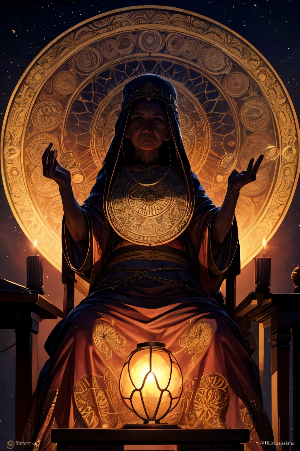 Una mujer sentado en una vieja silla en la biblioteca, envuelto en la hoja, hermit, Marble statue, Renderizado de octanaje oscuro, Candle lamp lighting, barroco, europeo, mandala, Vista lateral desde abajo, anatomically correct, Super detailed