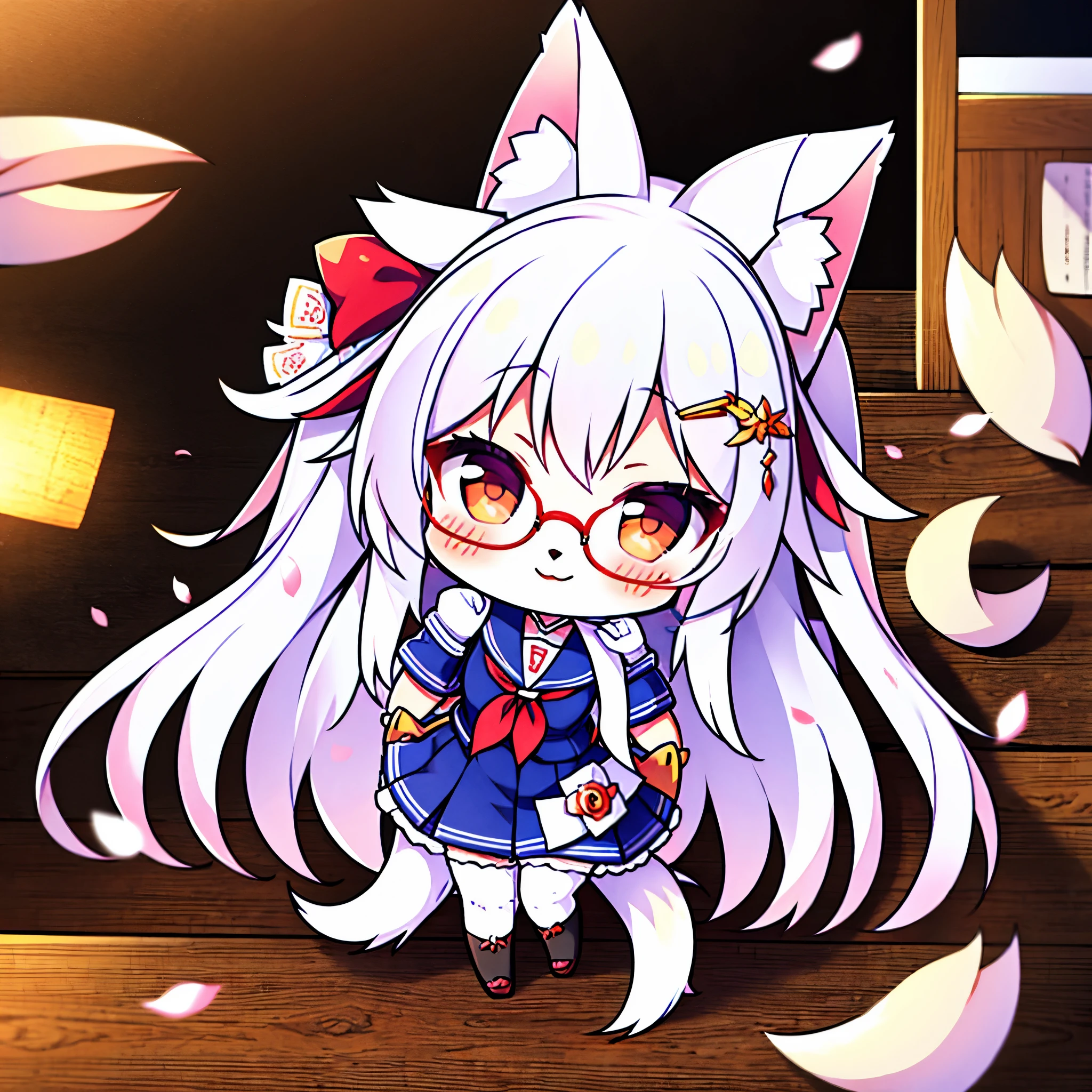 furry,fox girl,white long hair, white fluffy tail, glasses, flower petal hairpin, school uniform, smile, blush