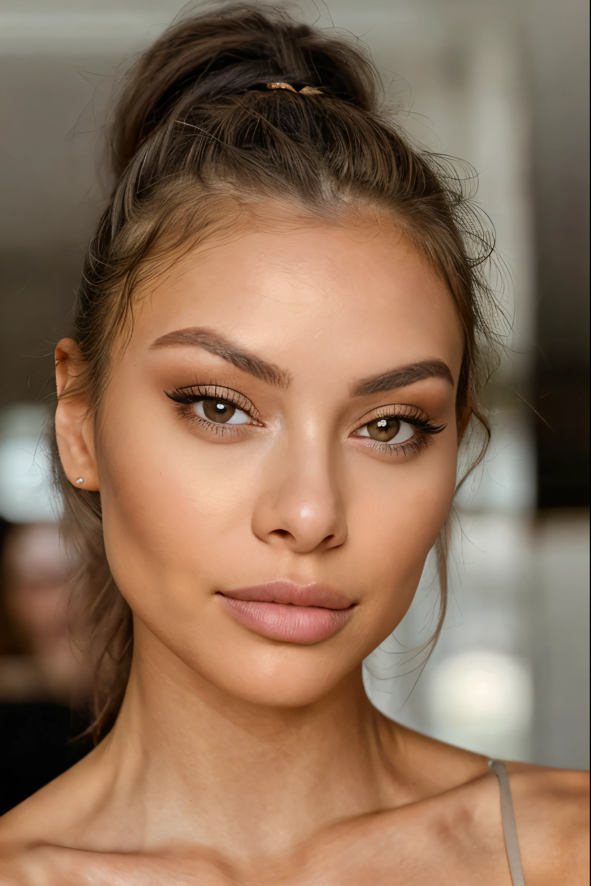 beautiful brunette woman, (24 years old, sedutive look),A coffee mug on the table ((Selfie on the upper body, a happy)), she has big pouty lips with lip filler ++,defined cheekbones with cheek filler and is wearing some blush. she has smouldering sexy eyes and is wearing smokey eye makeup. she seems to have a mixed filipino and european look. she has blonde hilights in her hair. Her nose is very thin and small. She has a toned physique and has breast implants c size. masterpiece, beste-Qualit, Ultra-detailed, (Look at the viewer: 1.2) (skin texture) (film grains: 1.3), (warm hue, warm tone: 1.2), a closeup of a, cinematiclight, sidelighting, extra high resolution, better shadow, Raw, upper-body, crop top