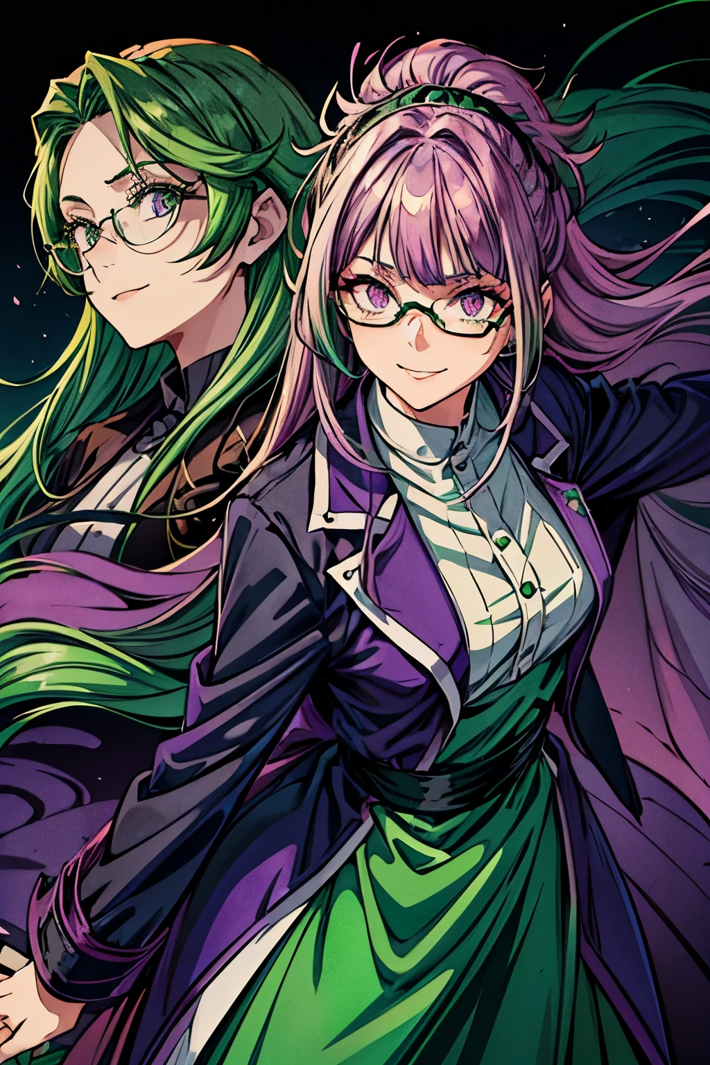 woman, ((green hair with violet tips)), (long hair tousled and tied up), ((gradient emerald and violet eyes)), (baggy eyes), glasses, (nurse's coat), good figure, (bloody scalpel), (crazy smile), dead forest, poison, dynamic pose, perspective, ((high details)), 64k, ((scenary))