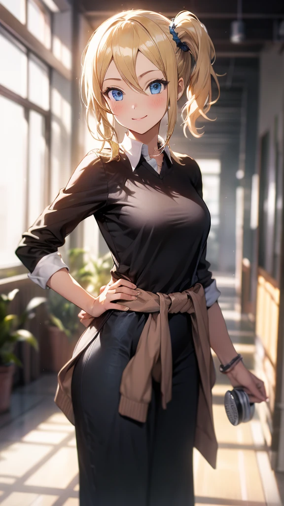 High resolution 8K, aihayasakav4, peace fingers, Anime style, Film Portrait Photography, smile, 1girl, solo, hayasaka ai, blue eyes, blonde hair, black school uniform, white shirt, cardigan around waist, blue scrunchie, standing, indoors, hallway, smile, (Natural skin texture Vibrant details, hyper realistic)