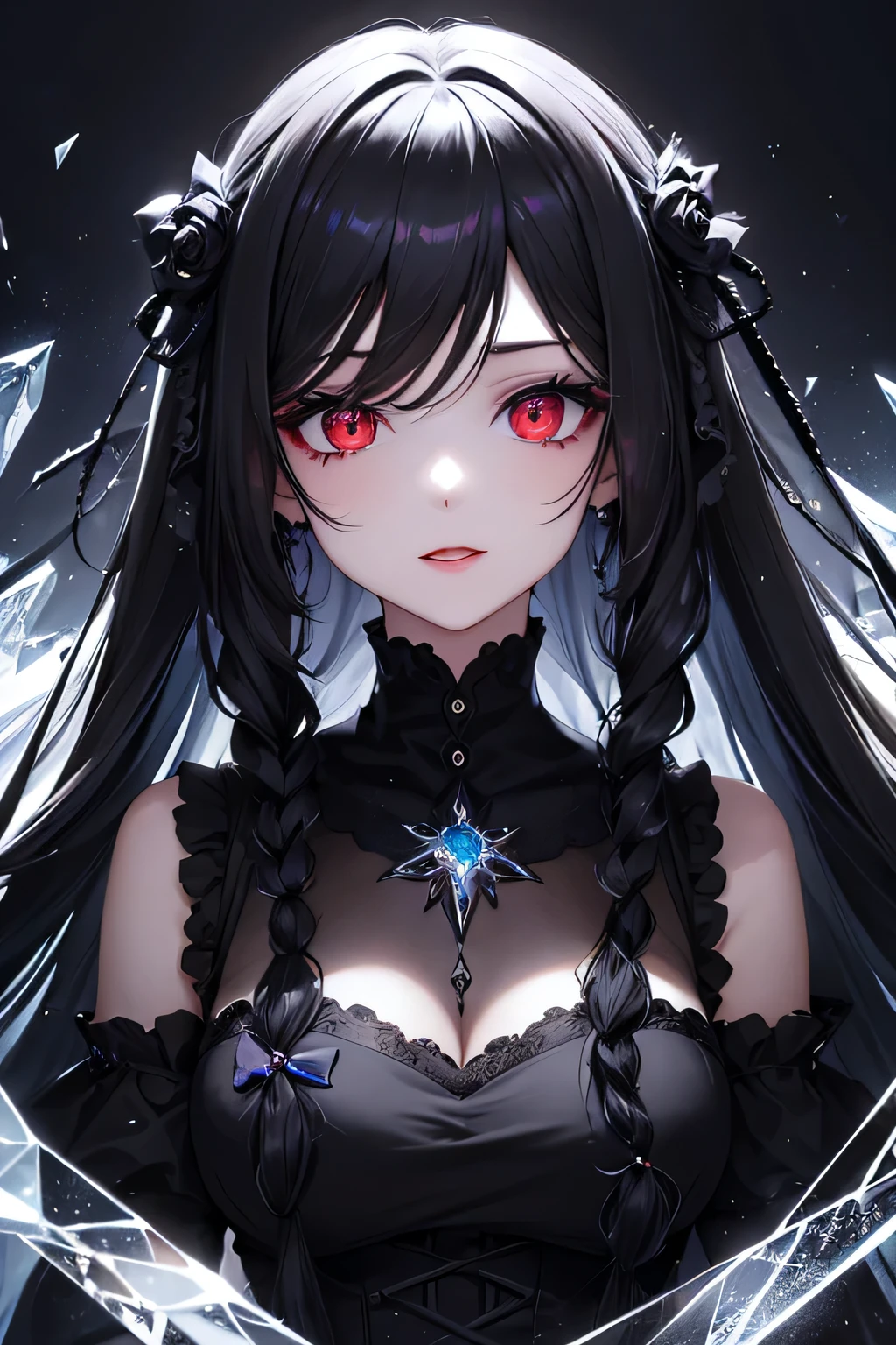1 girl,Depp's Sense,confused,catch light,Super beautiful illustration,Ice fragments,(black color,long hairstyles:1.3),dark dark eyeshadow,bright red lipstick,Gothic Lolita,;d,beautiful and delicate hair,delicate and detailed red eyes,blue shining light effect,ice aura